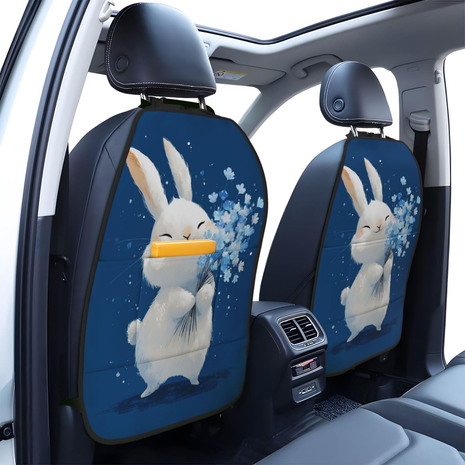 Cute Bunny Holding Flowers Car Seat Back Kick Protectors,2 Pack Kick Mats with Storage Pockets for Vehicles to Protect from Dirt Mud Scratches
