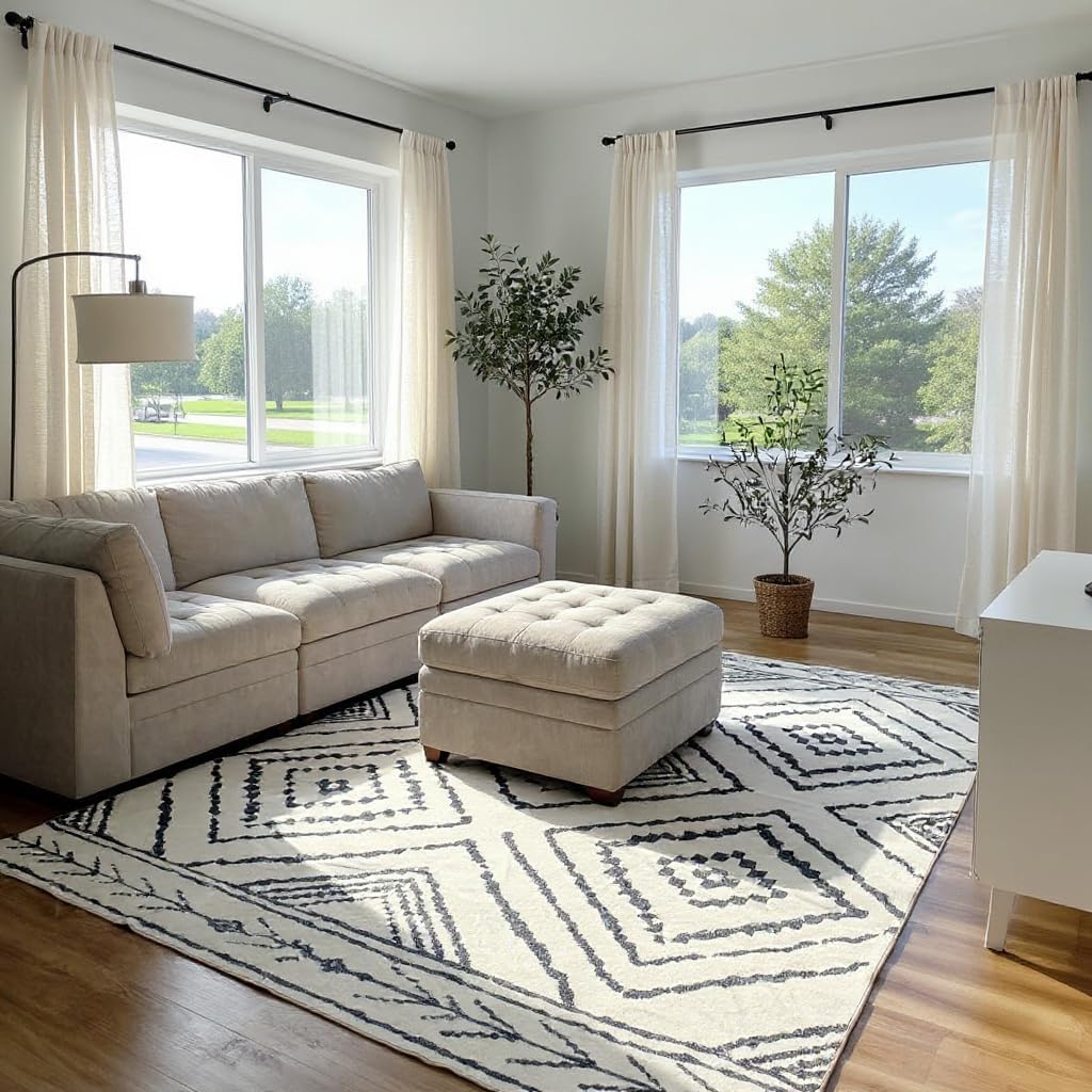 Area Rug 8x10 Rug Machine Washable Non-Slip Low Pile Print Pattern Western Rug for Living Room Bedroom Entryway Tribal Series -Navywhite/Black Navy /White Black 8' x 10' (Rectangular)