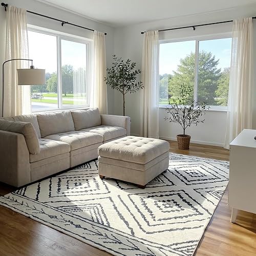 Area Rug 9x12 Rug Machine Washable Non-Slip Low Pile Print Pattern Western Rug for Living Room Bedroom Entryway Tribal Series -Navywhite/Black