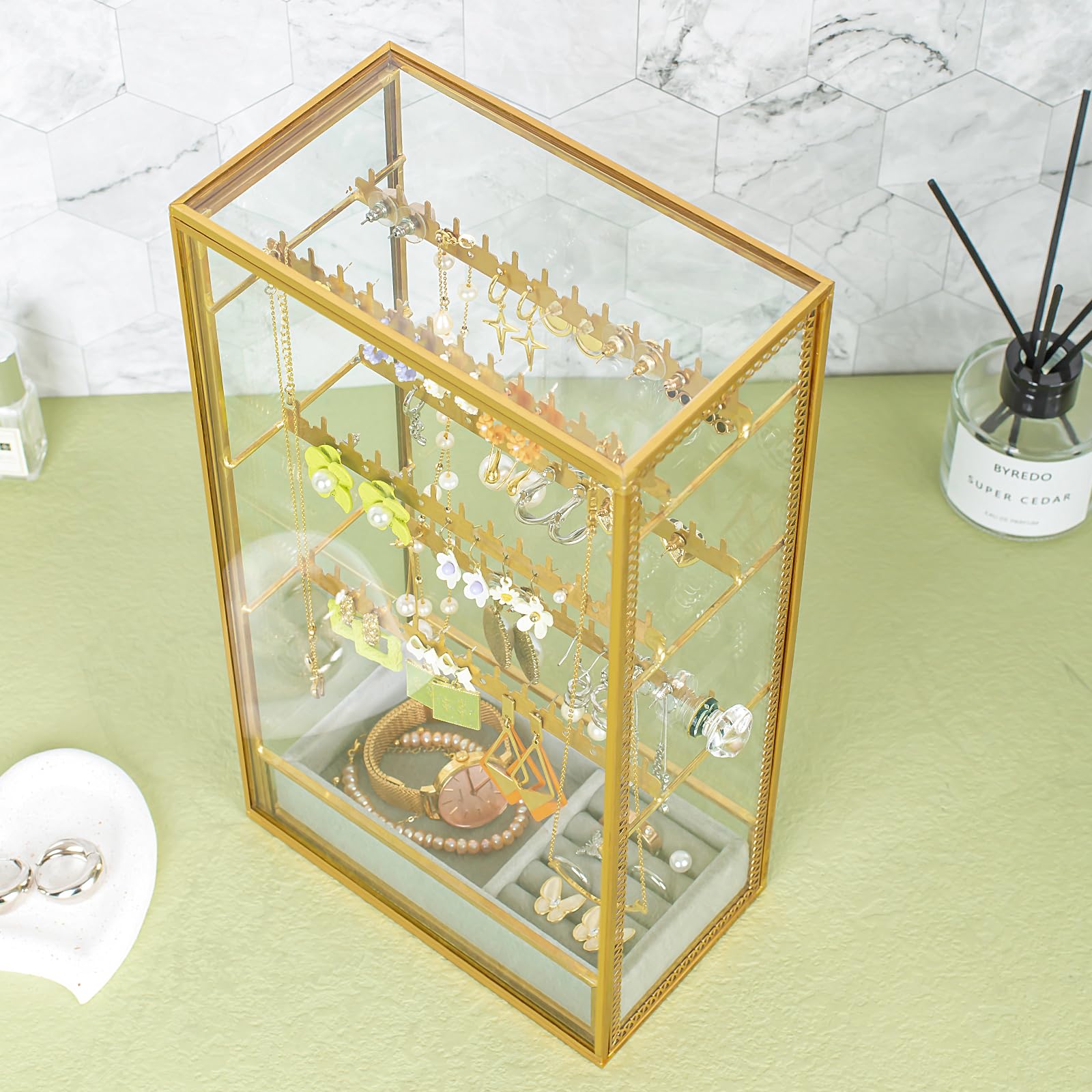 Ohrringhalter aus Glas, Schmuck-Organizer, Ohrringhalter mit Haken zum Aufhängen, Glas-Ohrring-Präsentationsbox für Halsketten, Ringe
