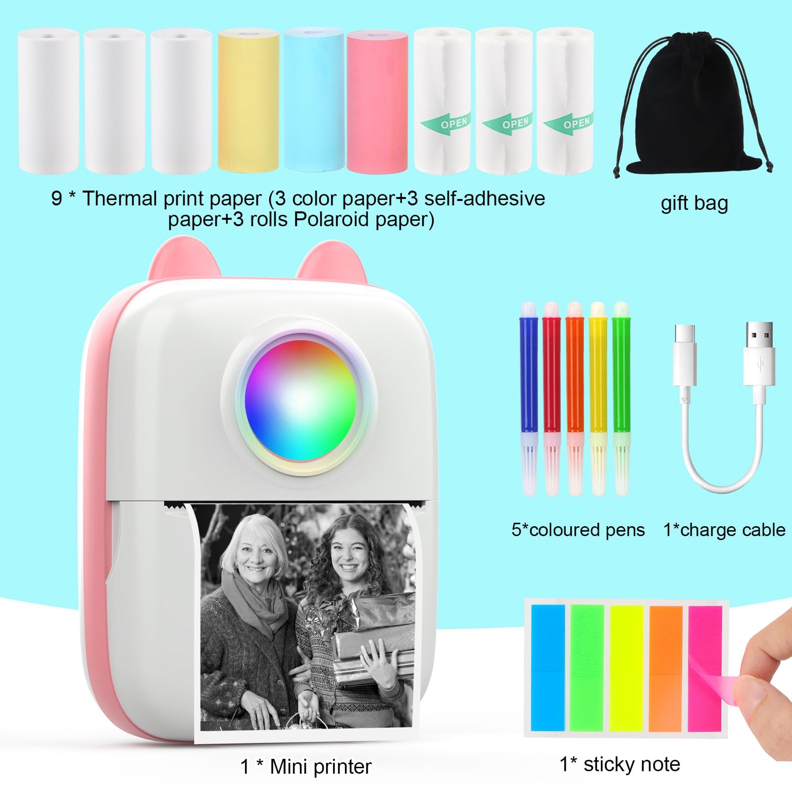 Mini Stampante Fotografica,Stampante Termica,immagine per foto, stampa di ricevute,stampante fotografica,con 10 rotoli di carta 1 adesivo per smartphone, per Fotografica Note Elenco Memo (Pink A)
