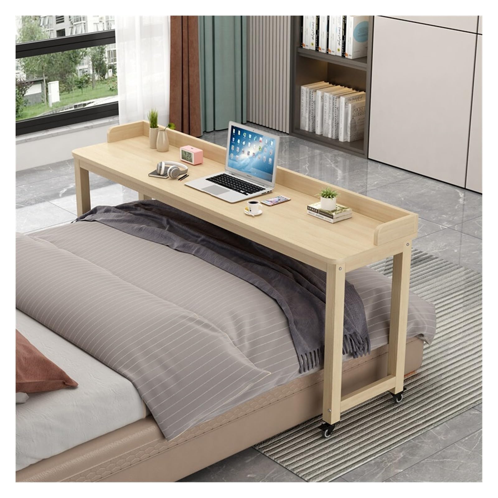 Bureau mobile avec roulettes et déflecteur anti-chute pour lit