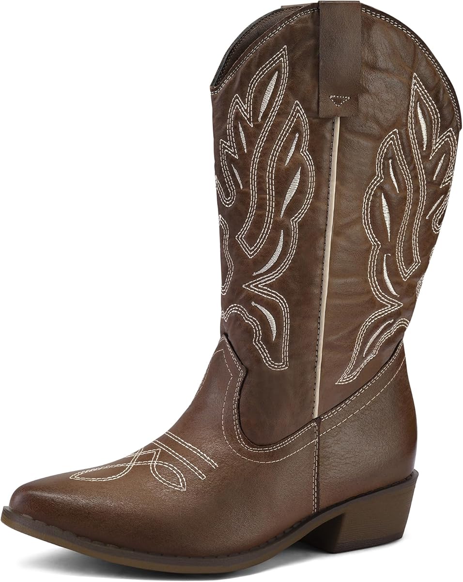 Amazon.com | mysoft Women's Wide Calf Cowboy Boots Pull-On Mid-Calf Embroidered Pointed Toe Retro Western Boots | Mid-Calf