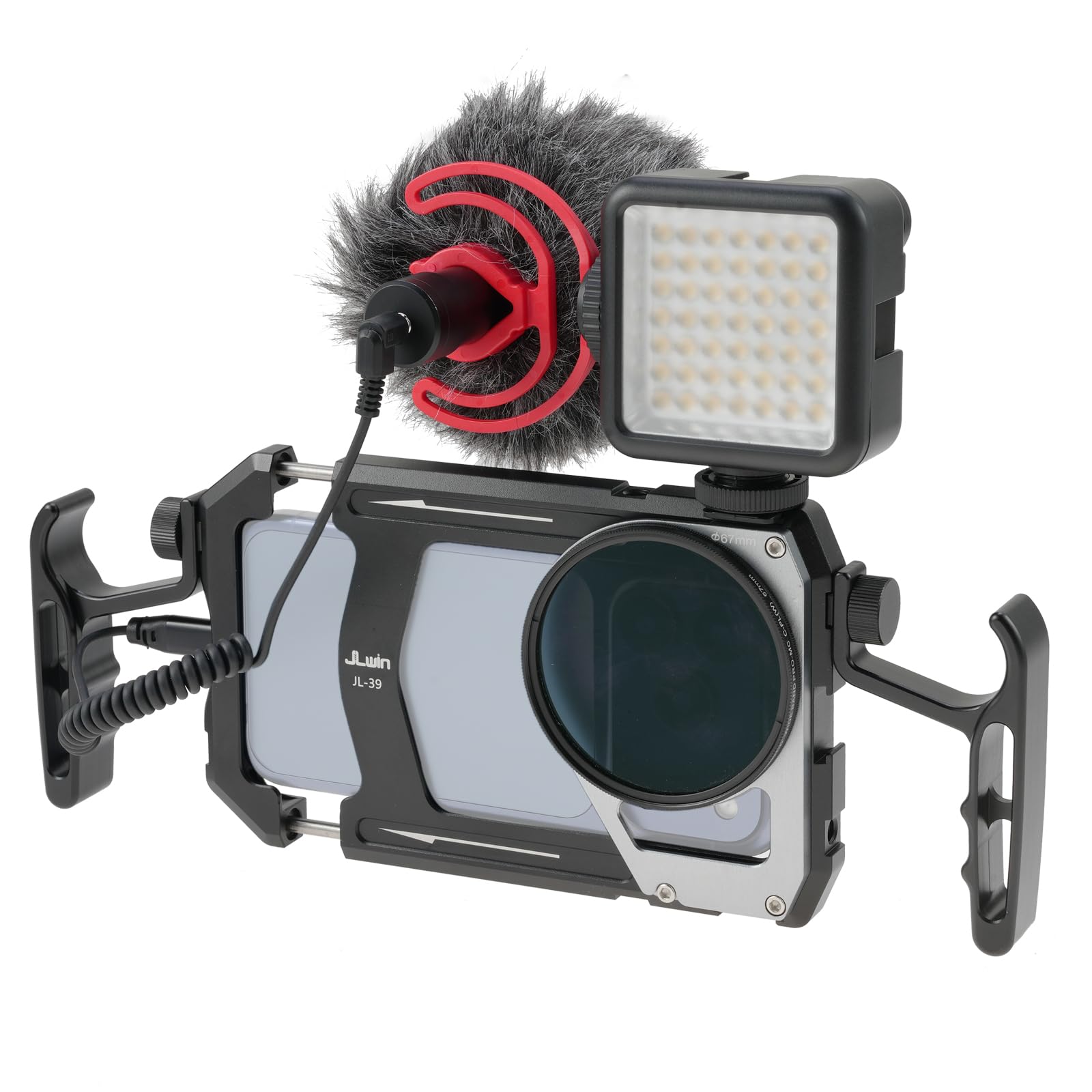 Fotga Kit gabbia per smartphone 4 in 1, stabilizzatore video con maniglie + microfono + luce LED + filtro ND per iPhone 17 16 15 Pro Max Samsung Cell Phone TikTok e YouTube Vlog Live Stream