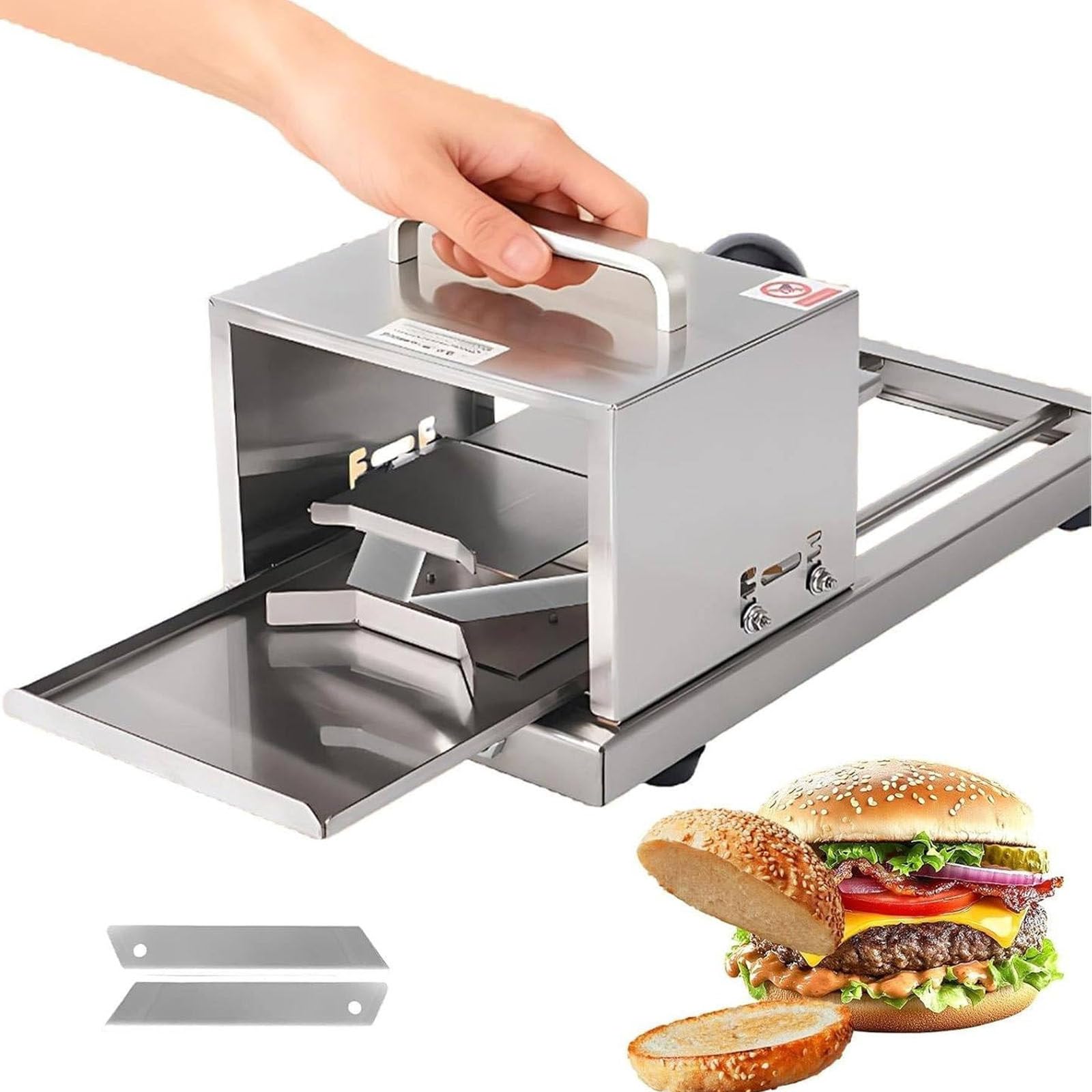 Commercial Bagel Slicer, Manual Bread Slicer with Adjustable Thickness, Stainless Steel, Sliding Function, Easy to Clean, Professional Manual Hamburger Bun Cutter for Cutting Even Bagels, Bun Slices