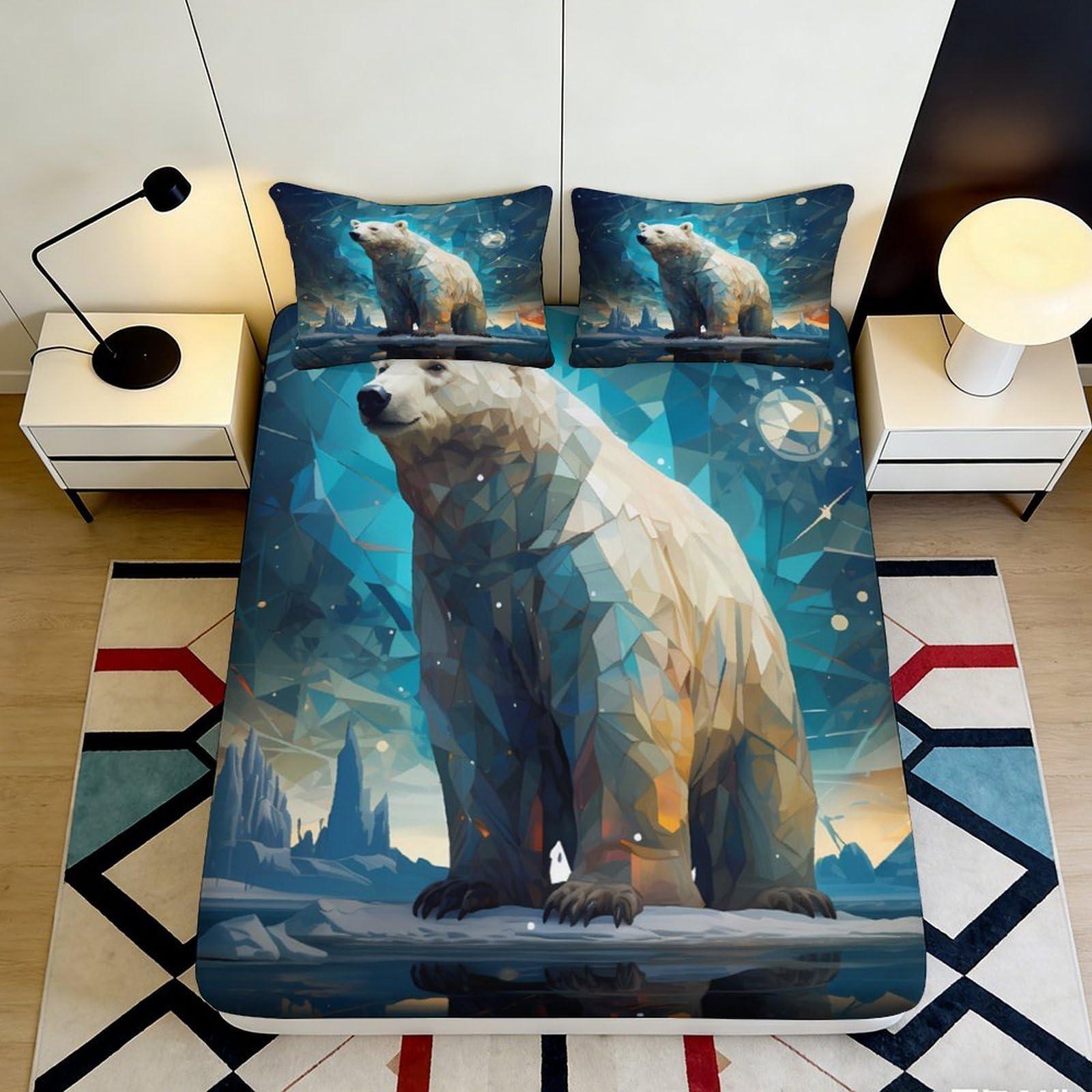 3D Printed Polar Bear Fitted Sheet Microfiber Soft Breathable Arctic Night Bed Cover for Bedroom Dorm Mattress Decor 90x200x25cm