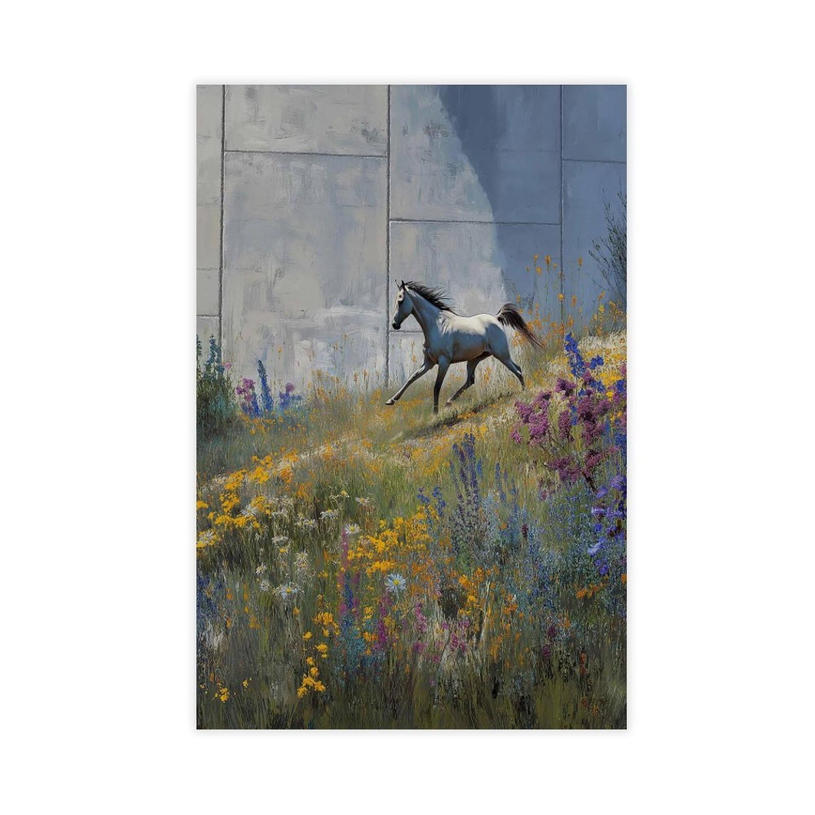 Bareronor White Horse Wildflower Poster Canvas Poster Bedroom Decor Landscape Office Room Decor Gift 24" L X 36" W