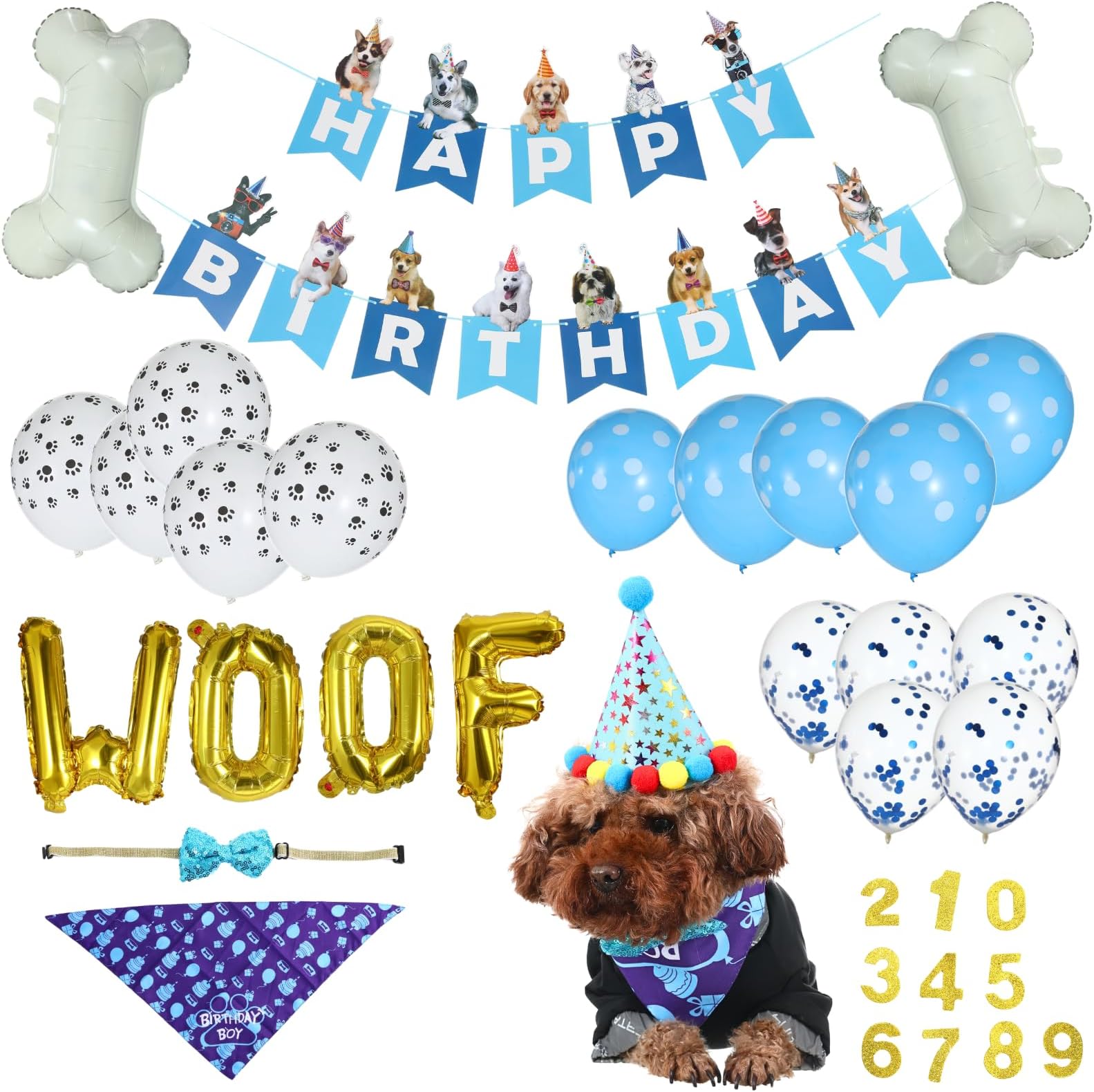 Dog Cat Birthday Party Supplies, Boy Dog Birthday Bandana Set with Cute Dog Bowtie, Scarf, Birthday Banner,Balloons and Hat with Numbers for Small Medium Dogs,Blue Dog Birthday Outfit Dog Presents