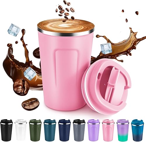 Miniatura 49 de Volhoply Taza de café de viaje con aislamiento al vacío de 12 oz de doble pared con tapa abatible, taza de café reutilizable de acero inoxidable a