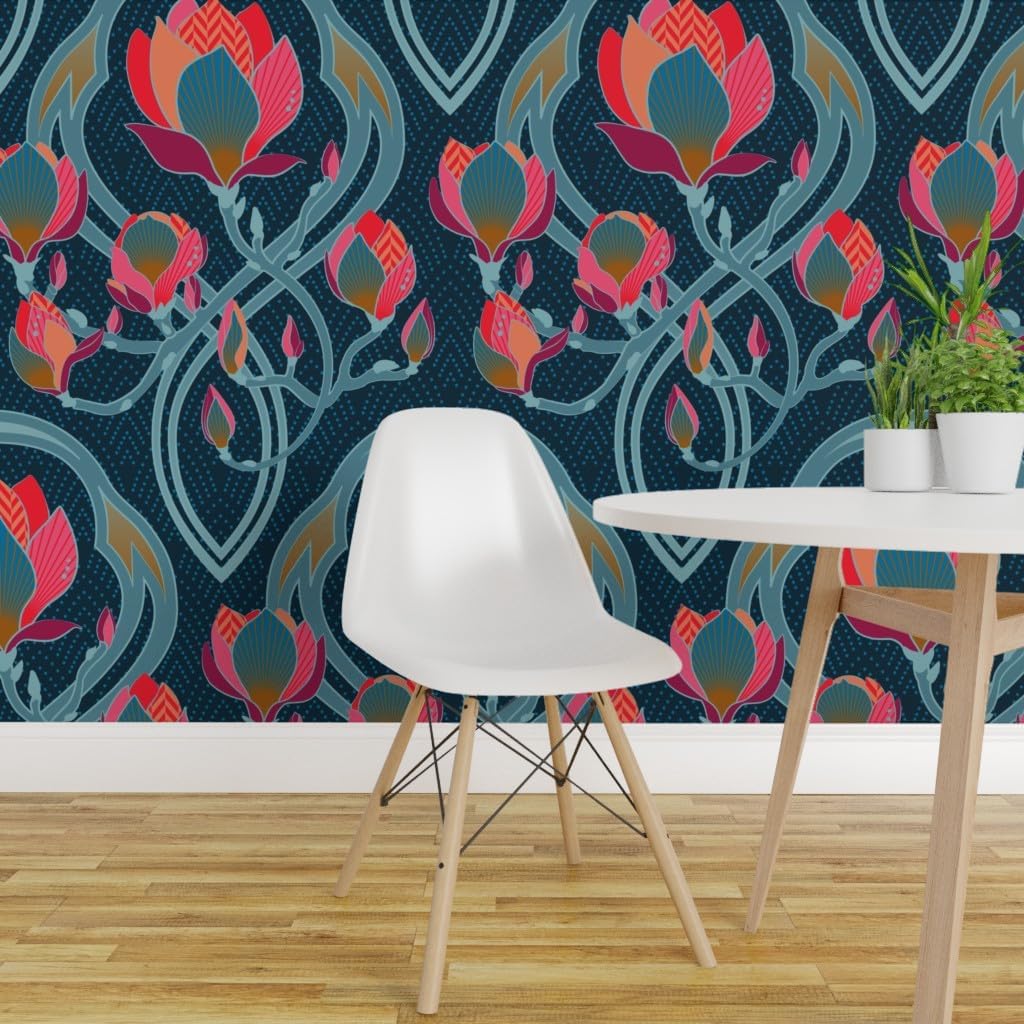 Removable Wallpaper 9ft x 2ft - Art Nouveau Big Scale Home Decor Pink Vintage Blue Flowers Spring Floral Inspired Deco Coral Custom Pre-Pasted Wallpaper by Spoonflower