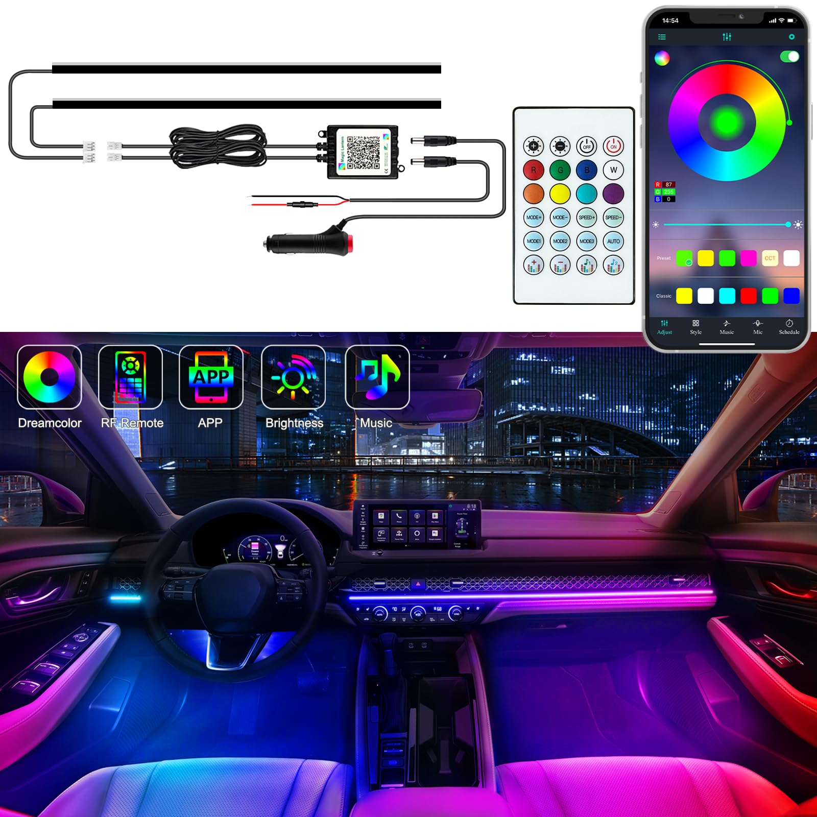 Photo 1 of **MISSING POWER MODULE**Jushope Interior Car LED Strip Lights, Acrylic LED Lights for Car with Dynamic Dreamcolor Chasing, Ambient Lighting Kits Music Sync Wireless APP and RF Remote Control (2 * 29.5'')