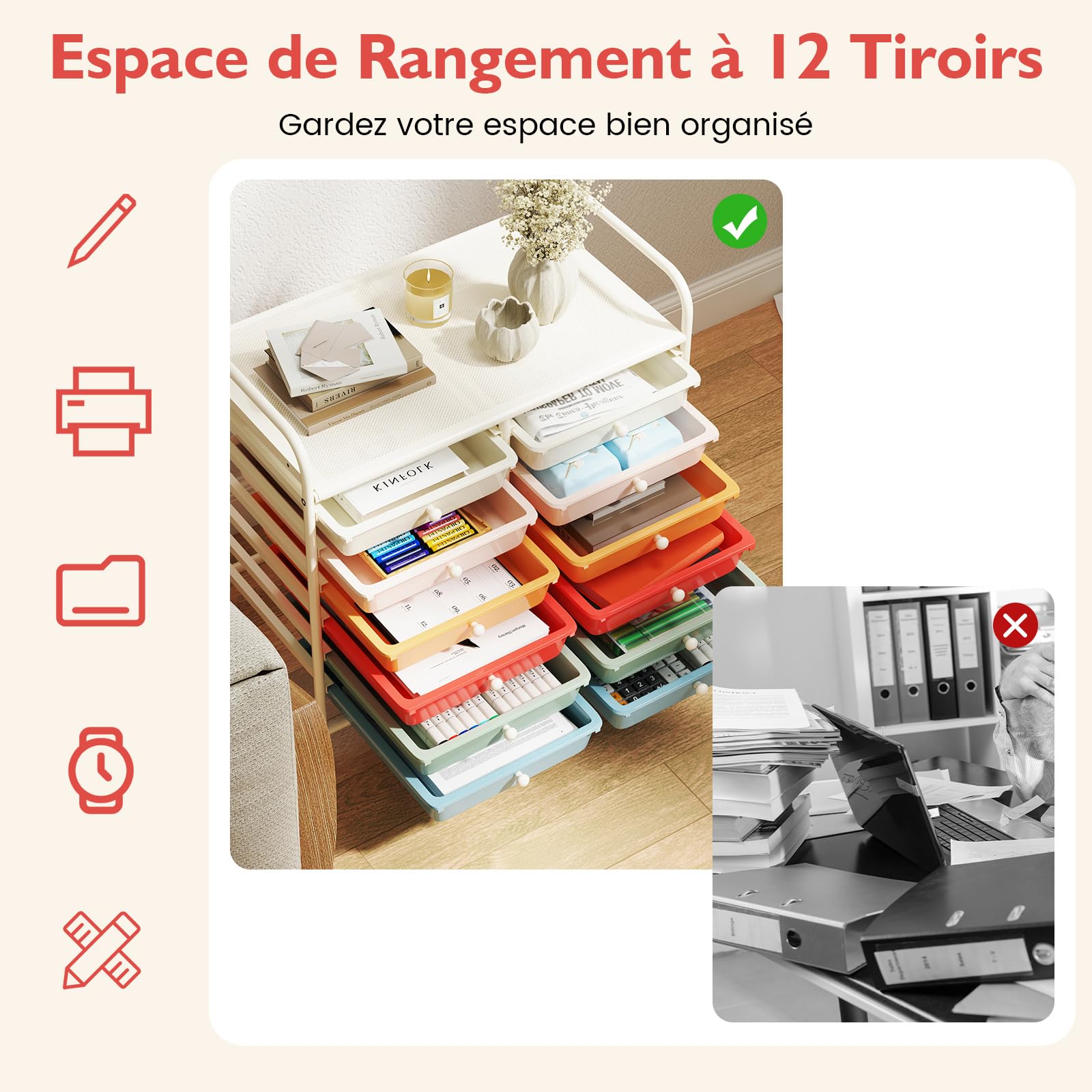 COSTWAY Chariot de Rangement à Roulettes 12 Tiroirs en PP, Tour de Rangement avec Tablette, Roues Universelles, Cadre en Métal, Desserte Meuble Tiroir pour Bureau École Salon (Macaron)