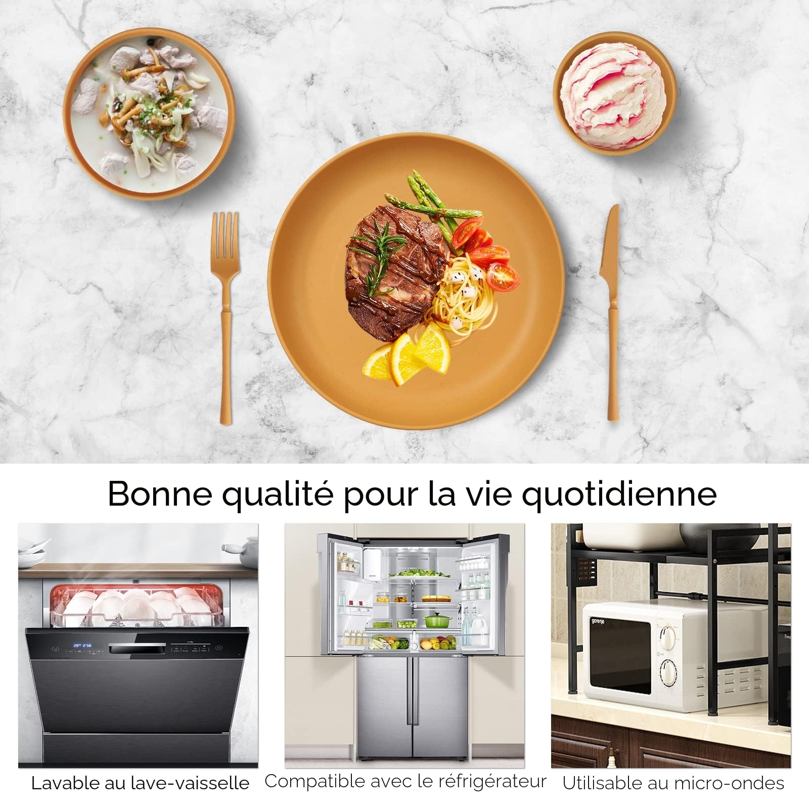 Ensembles de vaisselle incassables de 66 pièces pour 6 personnes, service de table réutilisable, service de table de camping à domicile Assiettes, bols, tasses, couverts, fourchettes en plastique