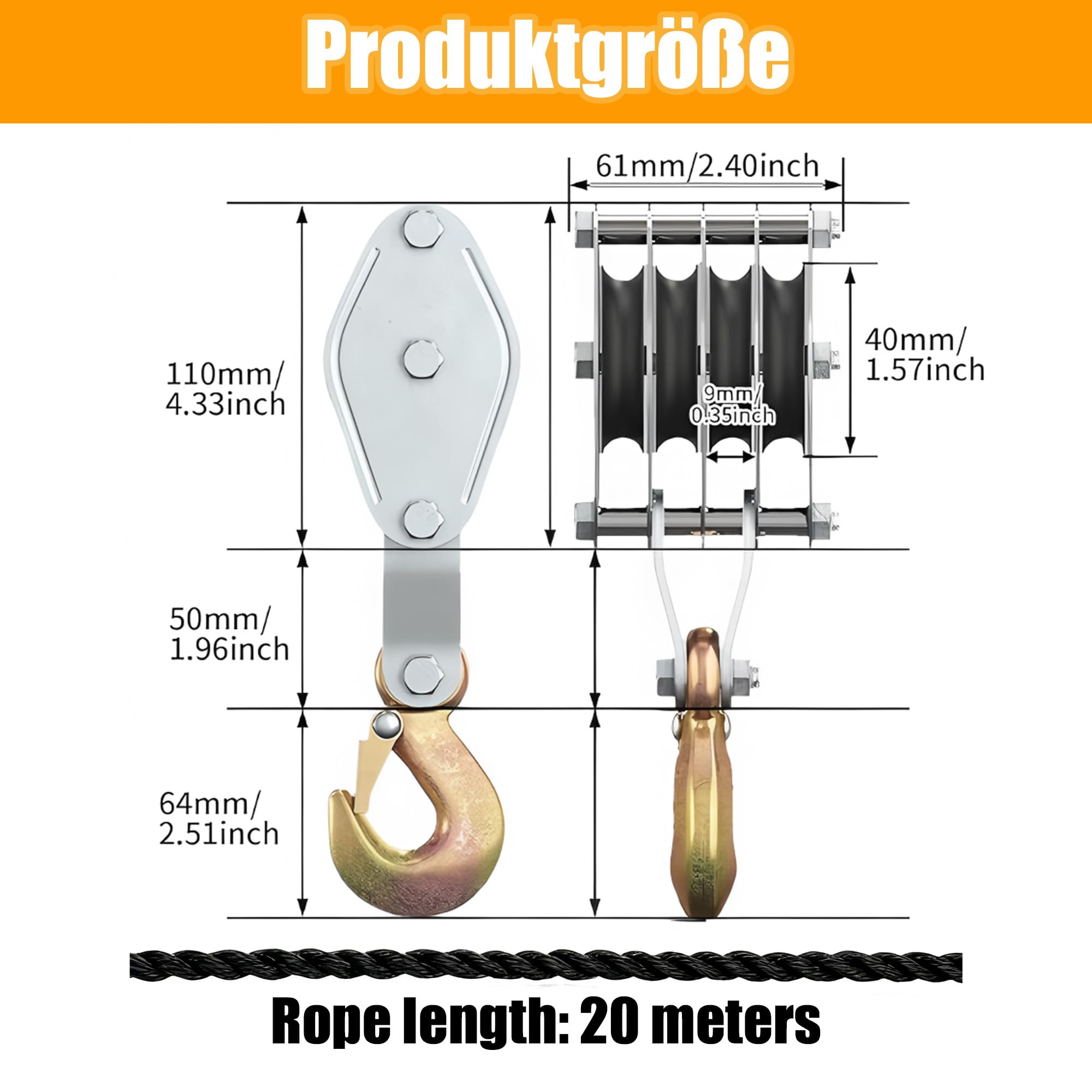 Palan économiseur de travail avec frein à corde : 2000 kg max et force de levage 8:1, palan avec corde et crochet pour garages et chantiers industriels, Noir