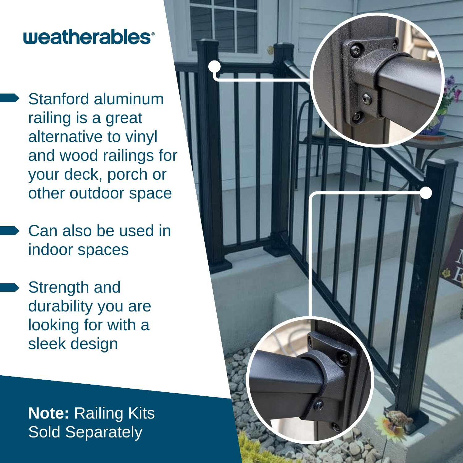 Weatherables Stanford Railing Brackets – Aluminum Indoor & Outdoor Straight Railing Brackets, Made with Durable & Low-Maintenance Black Textured Powder-Coat Finish