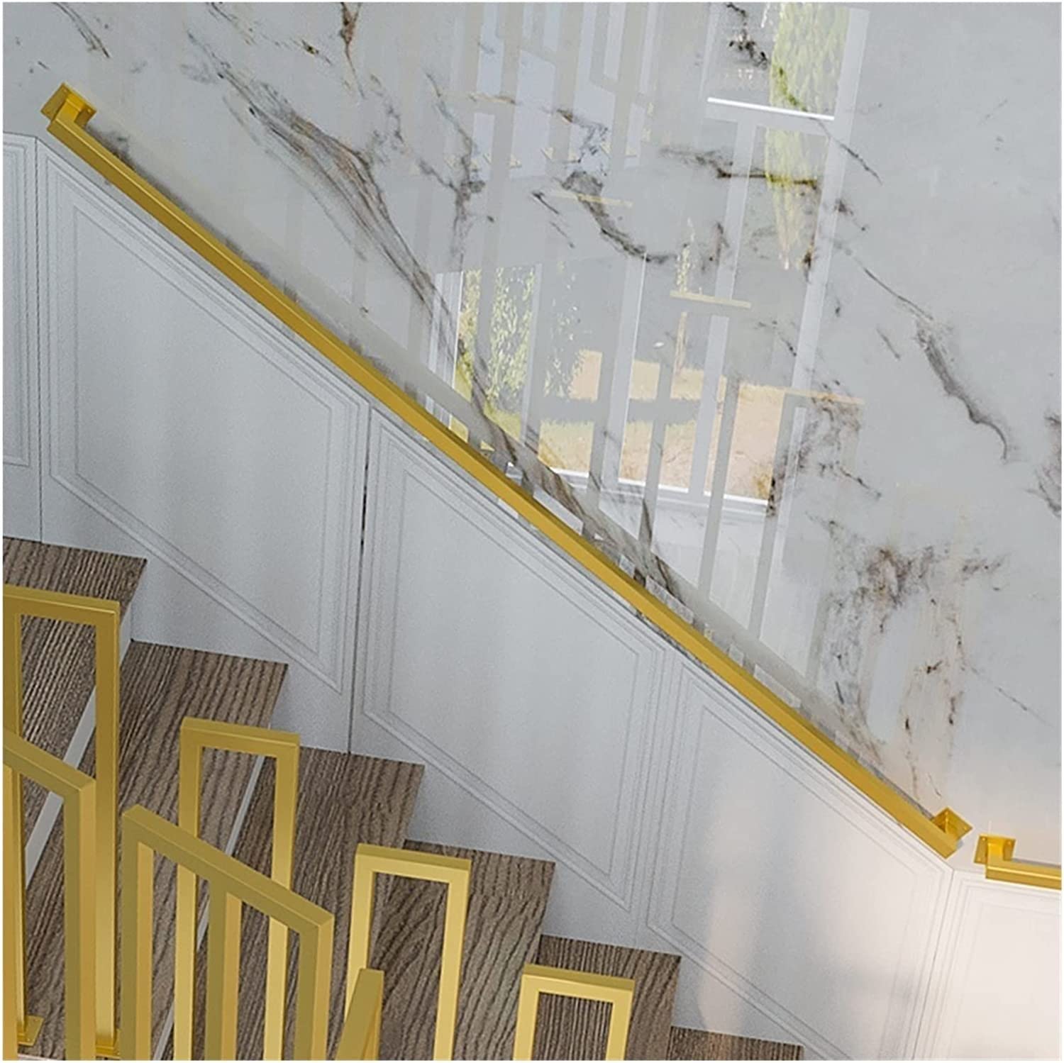Stair Handrail Industrial Pipe Railing Indoor & Outdoor Pipe Stair Railing with Wall Mount Support, Metal Square Non-Slip Banister Handrails(Gold,550cm(18ft))