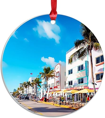 Miniatura 7 de Adornos de Navidad acrílicos de Florida EE. UU., paisaje urbano de Miami, decoración de árbol de Navidad, recuerdo de viaje, adornos de Navidad