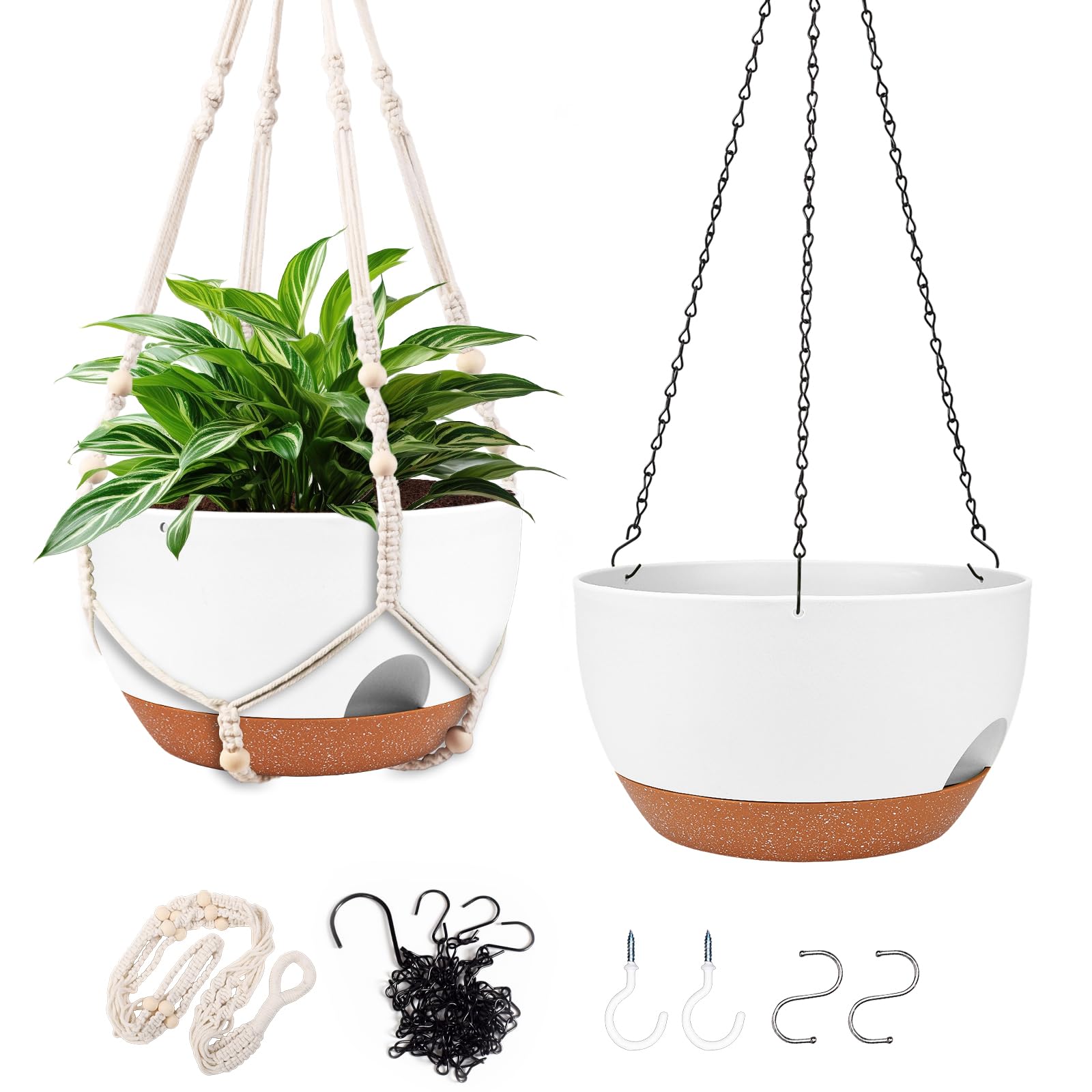 10 Inch Self Watering Hanging Planters with Metal Chain & Macrame Hangers