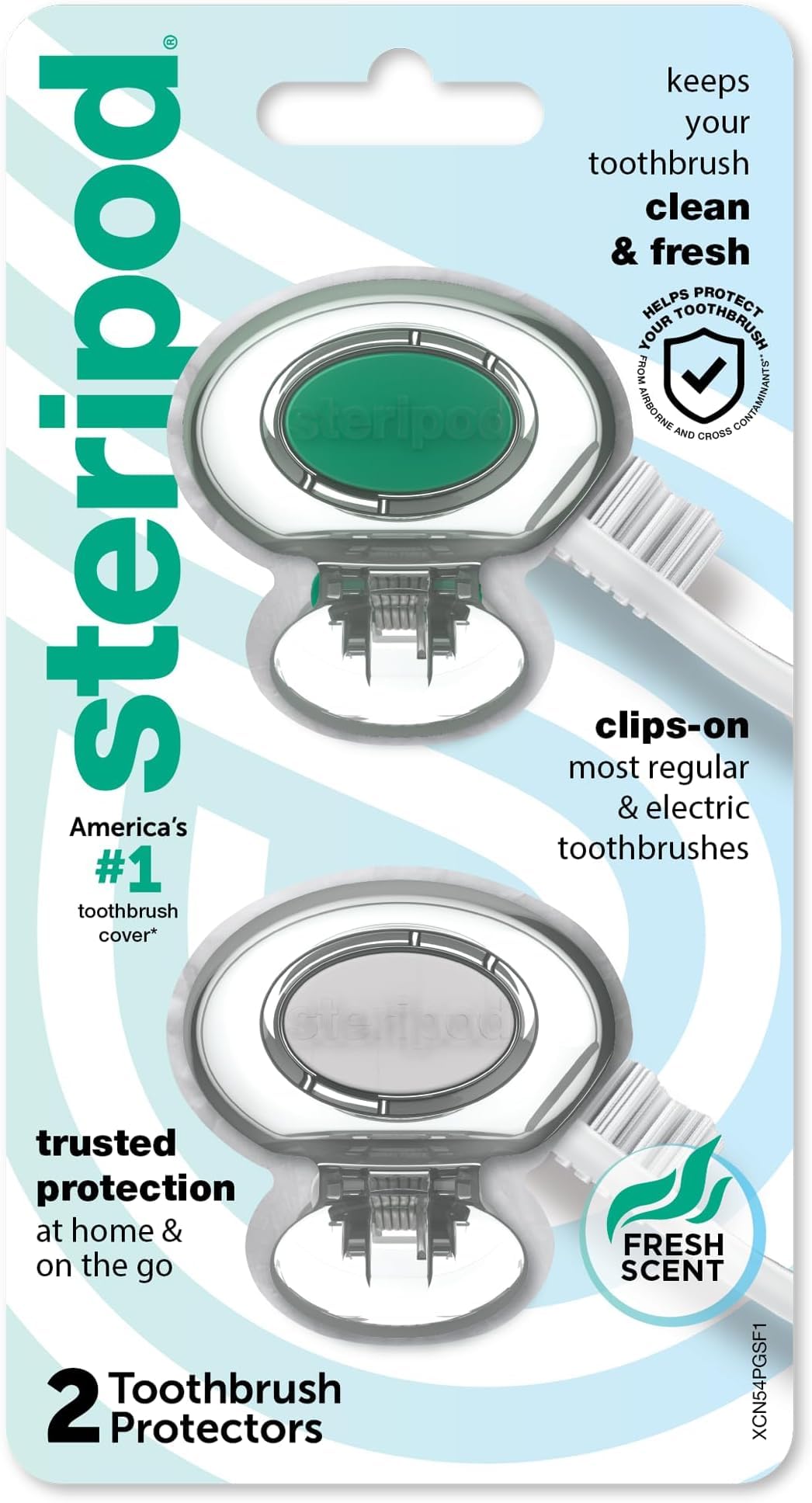 Steripod Clip-on Toothbrush Protector, Green/Silver, 2 Count (Pack of 12)