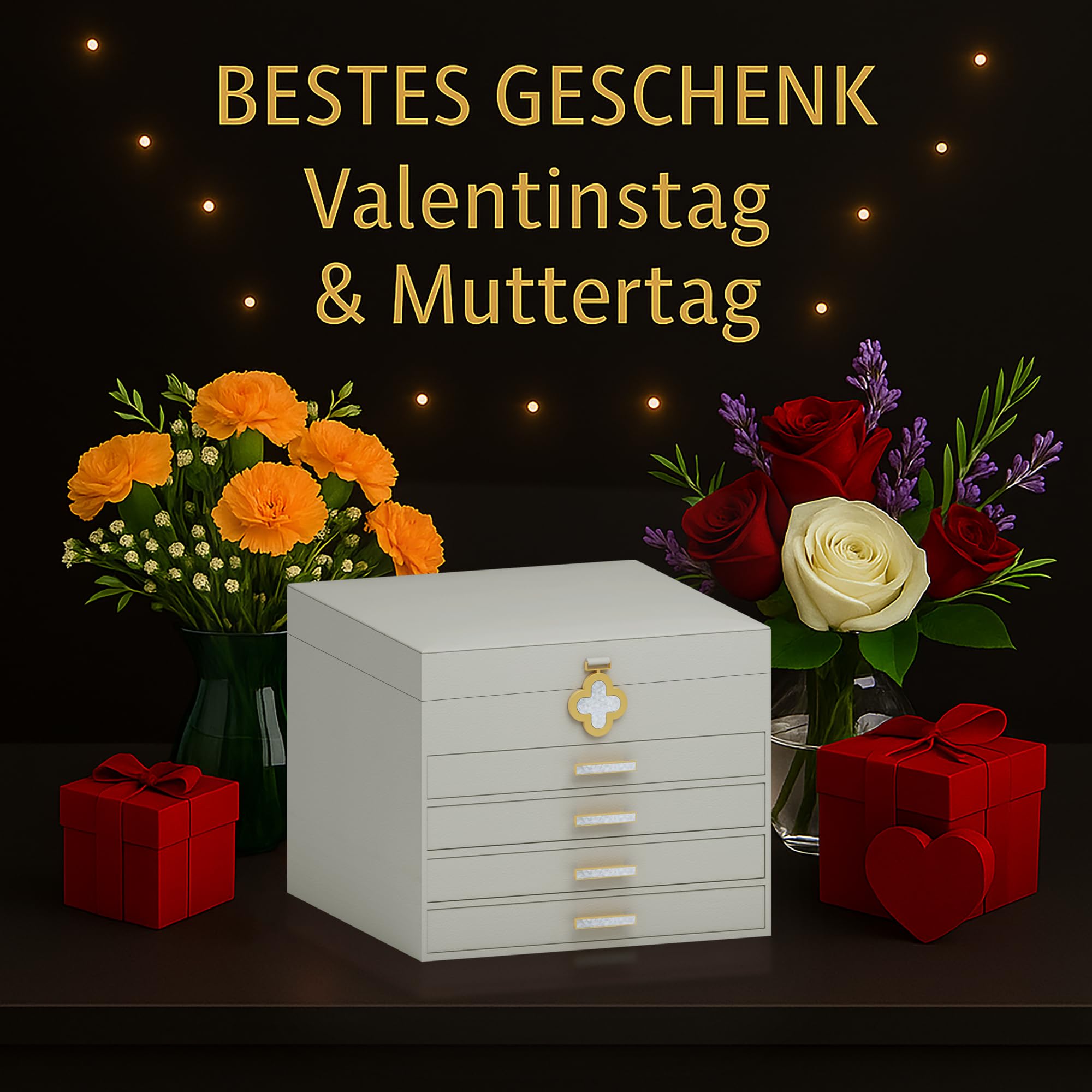 AdelDream Schmuckkästchen mit 5 Ebenen, Schmuckaufbewahrung großem Spiegel | Schmuckverschluss,flexible Facheinteilung für Ringe, Ohrringe, Halsketten, Uhren und Accessoires Weiß