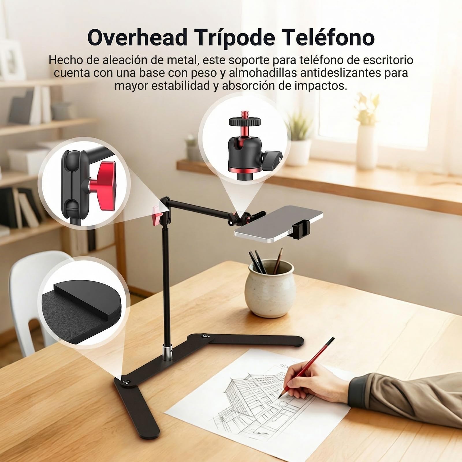 NEEWER Soporte trípode para teléfono Overhead con Brazo articulado con Doble Cabeza esférica, Soporte para teléfono móvil de Mesa con Base Plegable para Piano Cocina Dibujo bocetos Streaming Live