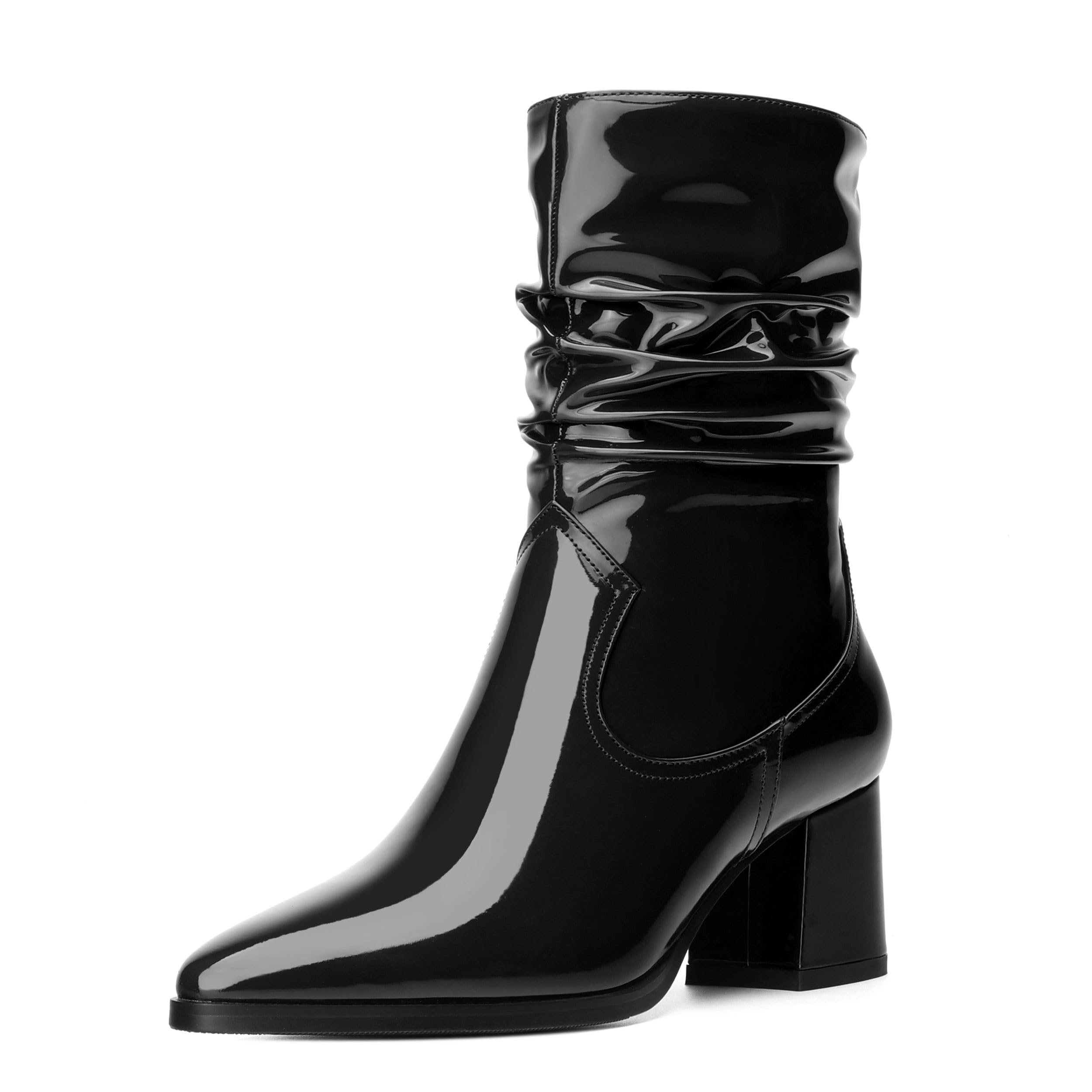 CDXJHYMY Women's Mid Calf Boots - Chunky Heel Pleated Calf Boots with Side Zipper, Pointed Toe, Perfect for Workplace, Street and Banquet