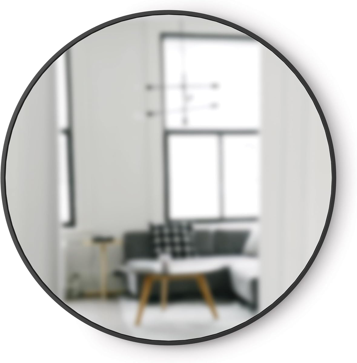 Umbra Hub Espejo de pared redondo, espejo de baño con marco de goma, 37 pulgadas, negro | Aumenta la luz natural y artificial, incluye alambre para colgar cuadros, fácil de instalar, para áreas de mucho tráfico