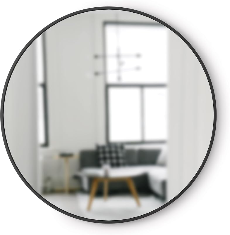 Umbra Hub Espejo de pared redondo, espejo de baño con marco de goma, 37 pulgadas, negro | Aumenta la luz natural y artificial, incluye alambre para colgar cuadros, fácil de instalar, para áreas de mucho tráfico