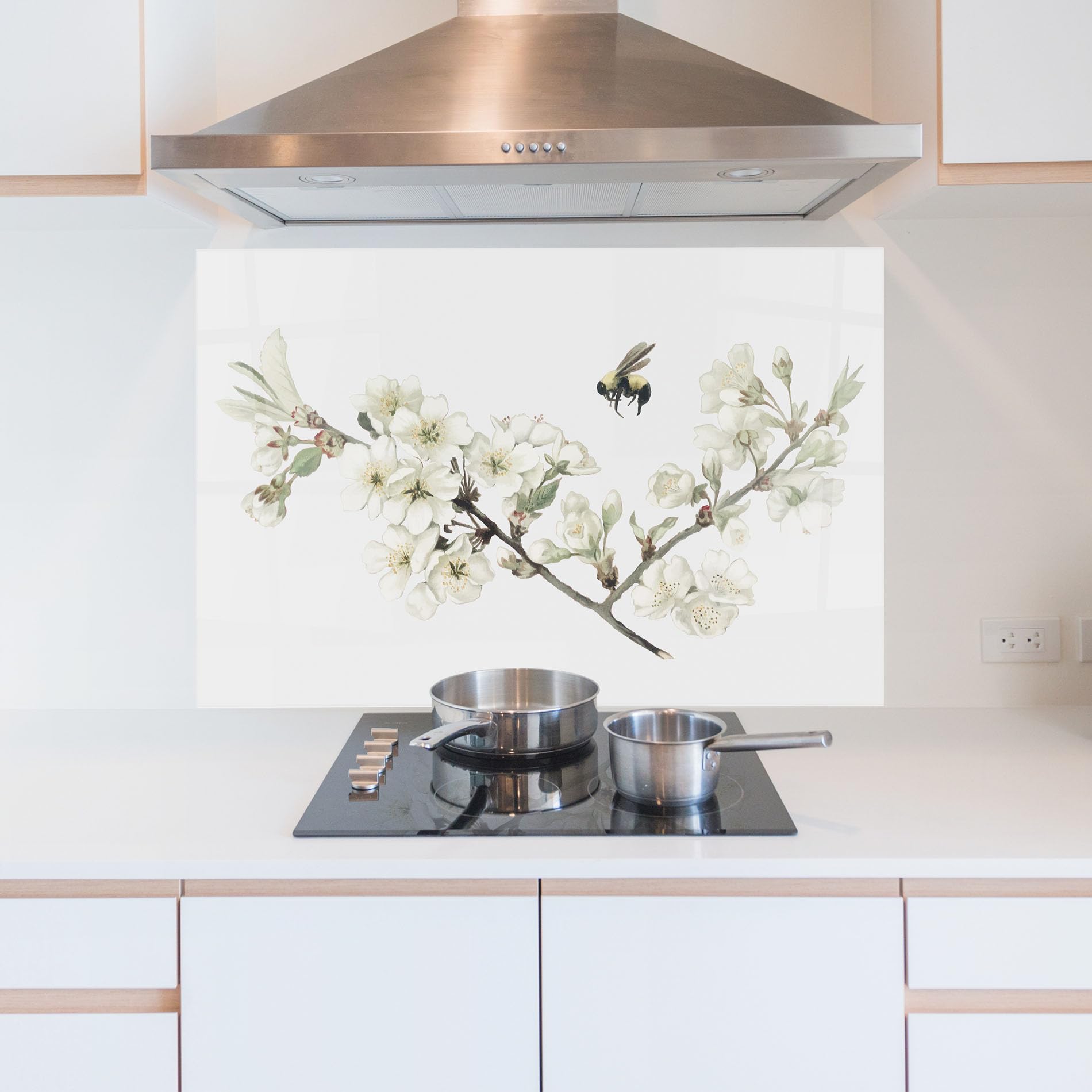 ARTHUB® Crédence de Cuisine en Verre 60x100 cm, Bee Spring Flower | Protection Contre Les éclaboussures, Revêtement Mural en Carreaux, Plaque en Verre, Verre trempé, Paysages, Printemps