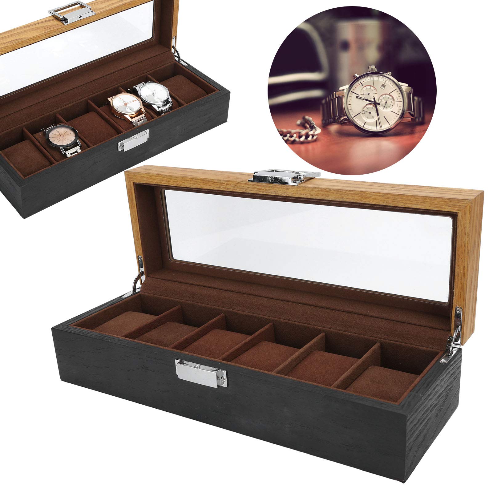 Caja para Relojes, Organizador de Relojes de Madera Maciza con 6 Ranuras, Vitrina, Caja de Almacenamiento para Relojes con Tapa de Vidrio para Hombres y Mujeres, Soporte para
