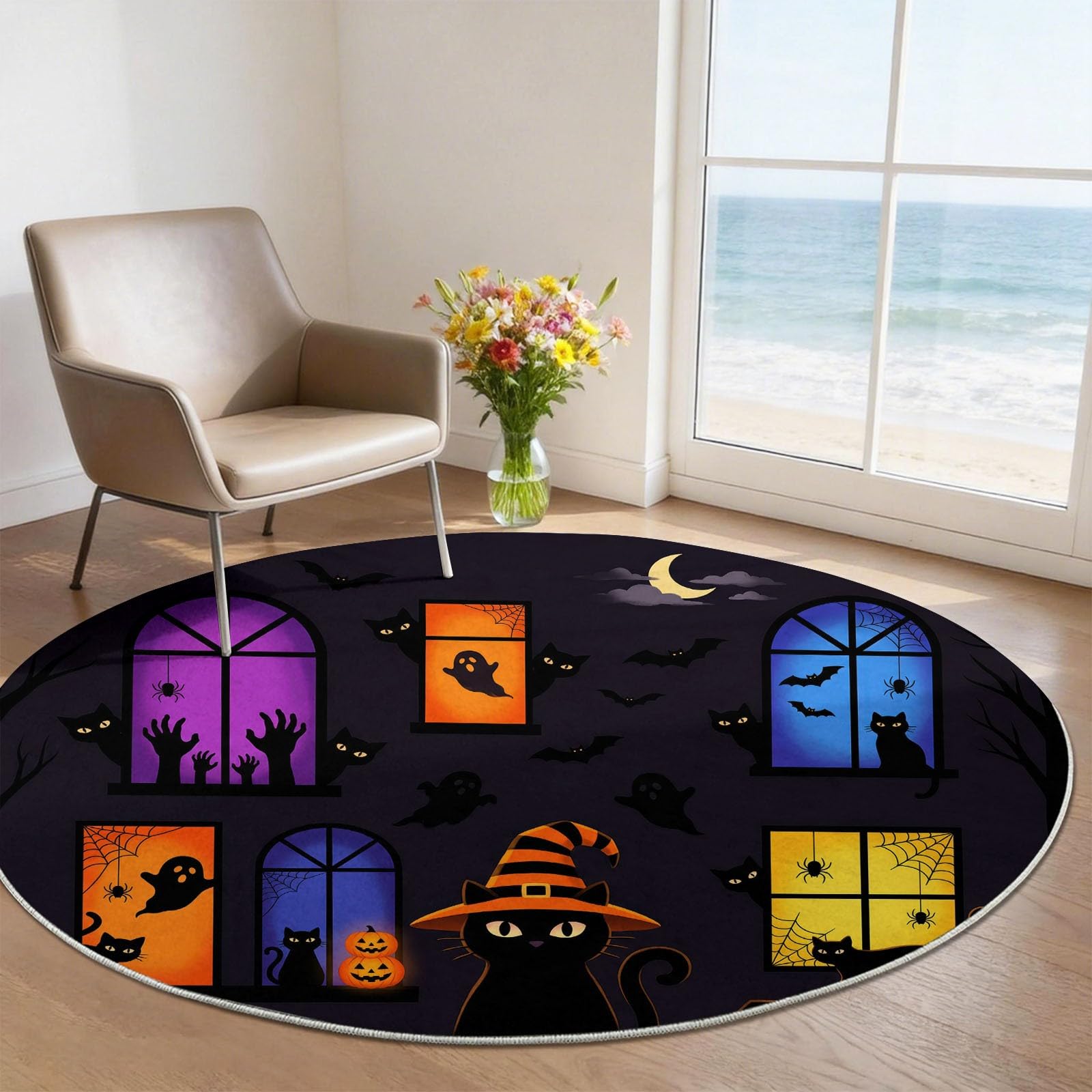 Generisch Spielteppich Kinderteppich Ultraweiche rutschfest Spielmatte Waschbar Halloween Tiere Kinderteppich für Mädchen Jungen, Halloween Schwarze Katze Mit Hexenhut, 200 cm Rund, Schwarz