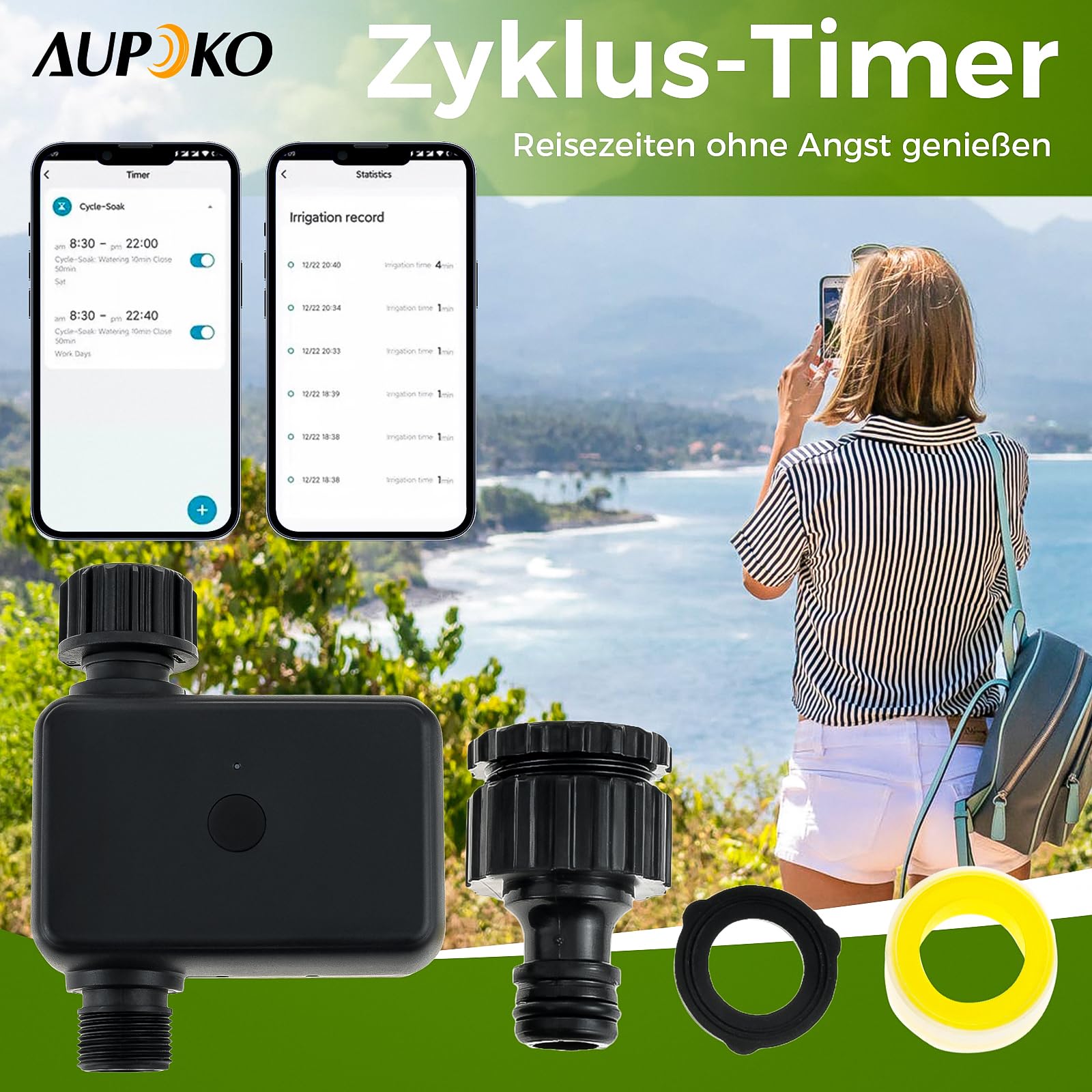 Aupoko Smart Bewässerungsuhr mit Bluetooth & App Steuerung – Bewässerungscomputer mit IP55 Schutz, 2 Bewässerungsmodi, Regenverzögerung für Garten, Landwirtschaft & öffentliche Grünflächen