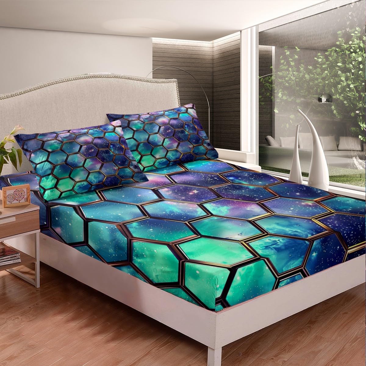Abstract Honeycomb Mattress Cover Queen Size,Glitter Stars Galaxy Outer Space Fitted Sheet with 2 Pillowcases,Geometric Hexagon Green Blue Nebula Polyester Mattress Protector for Kids,(No Top Sheet)