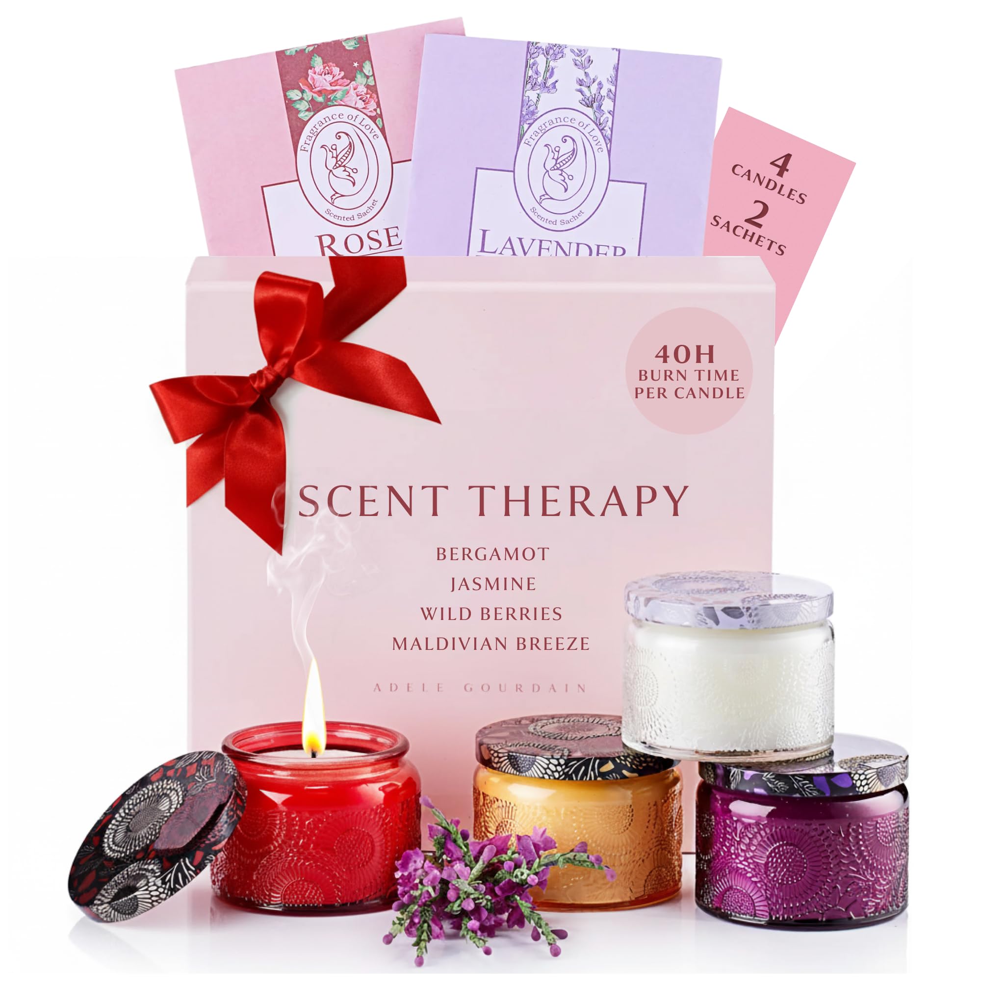 ADELEGOURDAIN Aromatherapy Candle Set, 4 Candles and 2 Sachets Multicolor - Stress-Relief Scented Candles for Women, Spa Votives for Bath, Relaxation & Holiday Gift Christmas