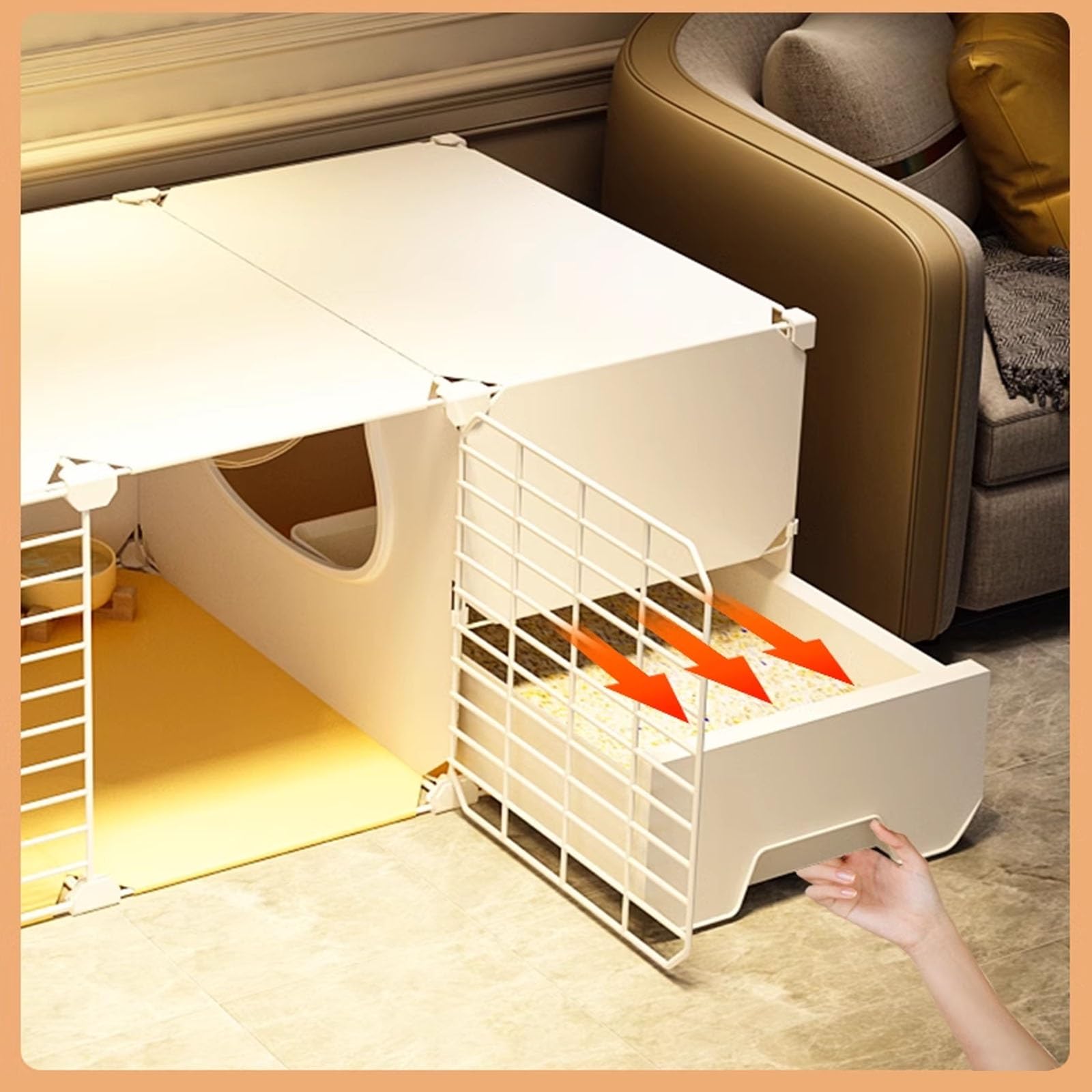 DIY Jaulas para Gatos Grandes, Corral para Gatos con Arenero, con Ruedas, Fácil de Mover. Base de Resina para Proteger Las Patas(107 * 47 * 112cm)