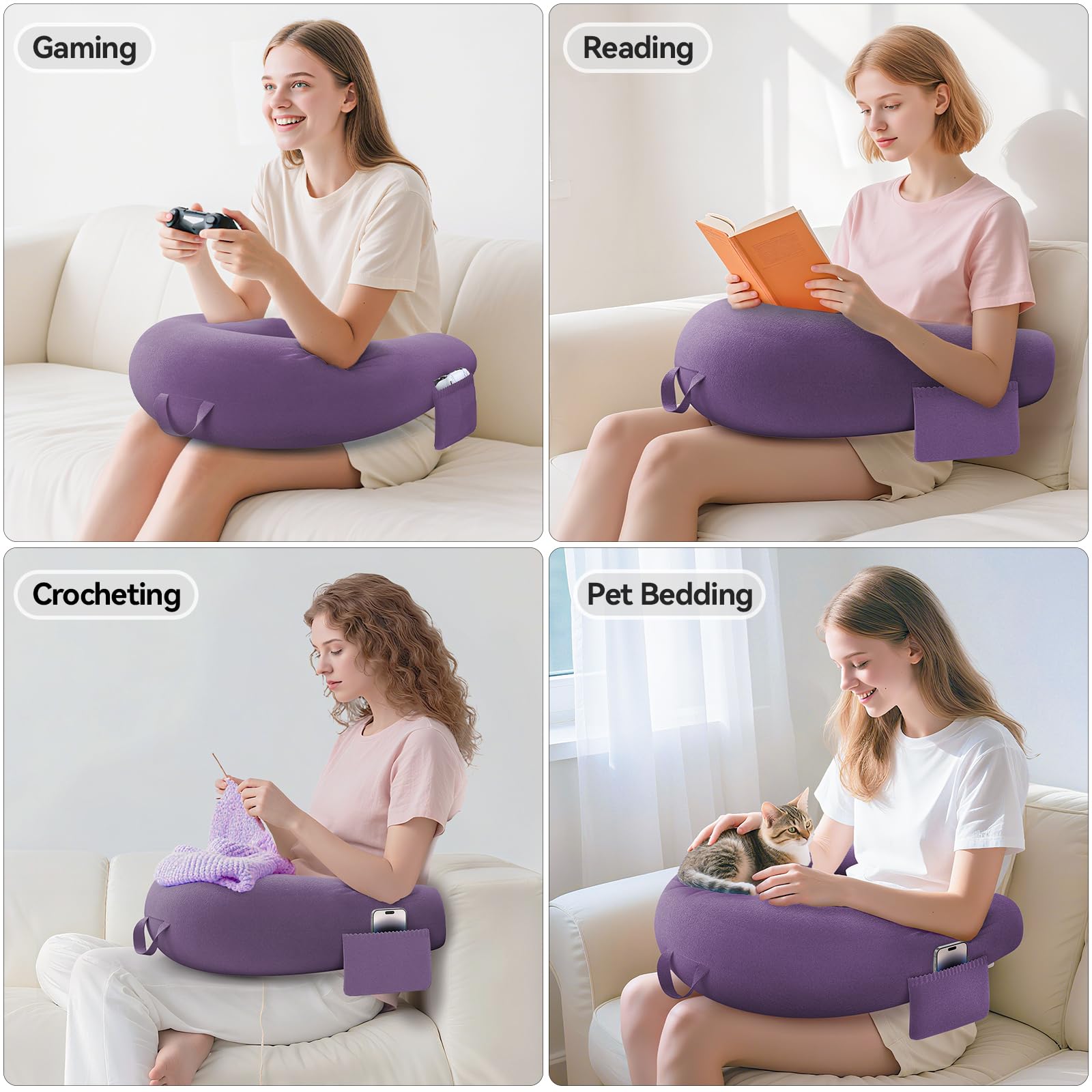 Gaming Kissen & Lesekissen, Reading Pillow für das Sitzen auf dem Bett/Sofa/Fußboden, Fütterungs/Häkelkissen mit großer & Ergonomic Gaming Pillow, Gamer Kissen für Ipad/Laptop - Lila