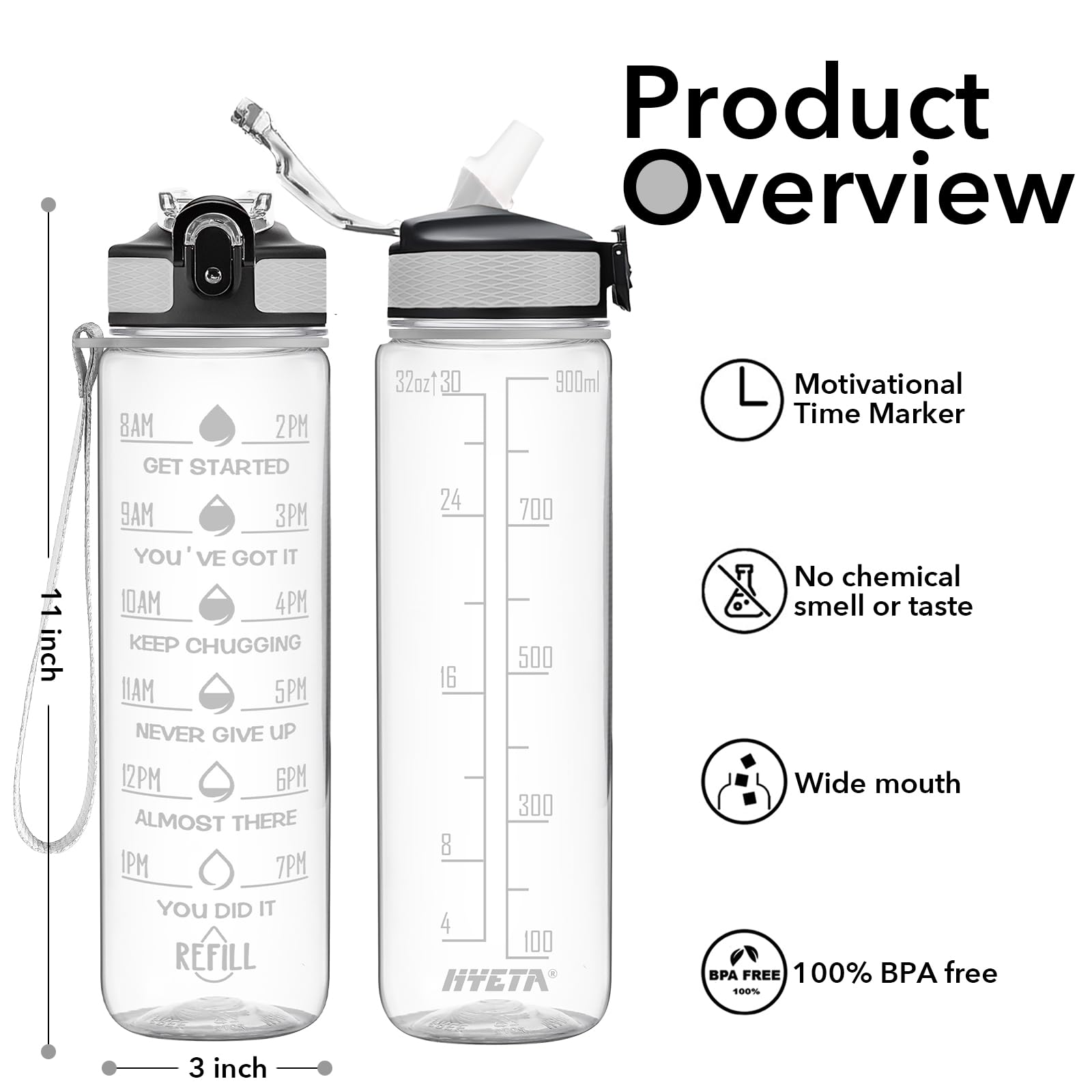 Hyeta 907.2 g Wasserflaschen mit Trinkzeiten und Strohhalm, motivierende Wasserflasche mit Zeitmarkierung, auslaufsicher, Trink-Sport-Trinkflasche für Fitness, Fitnessstudio und Outdoor