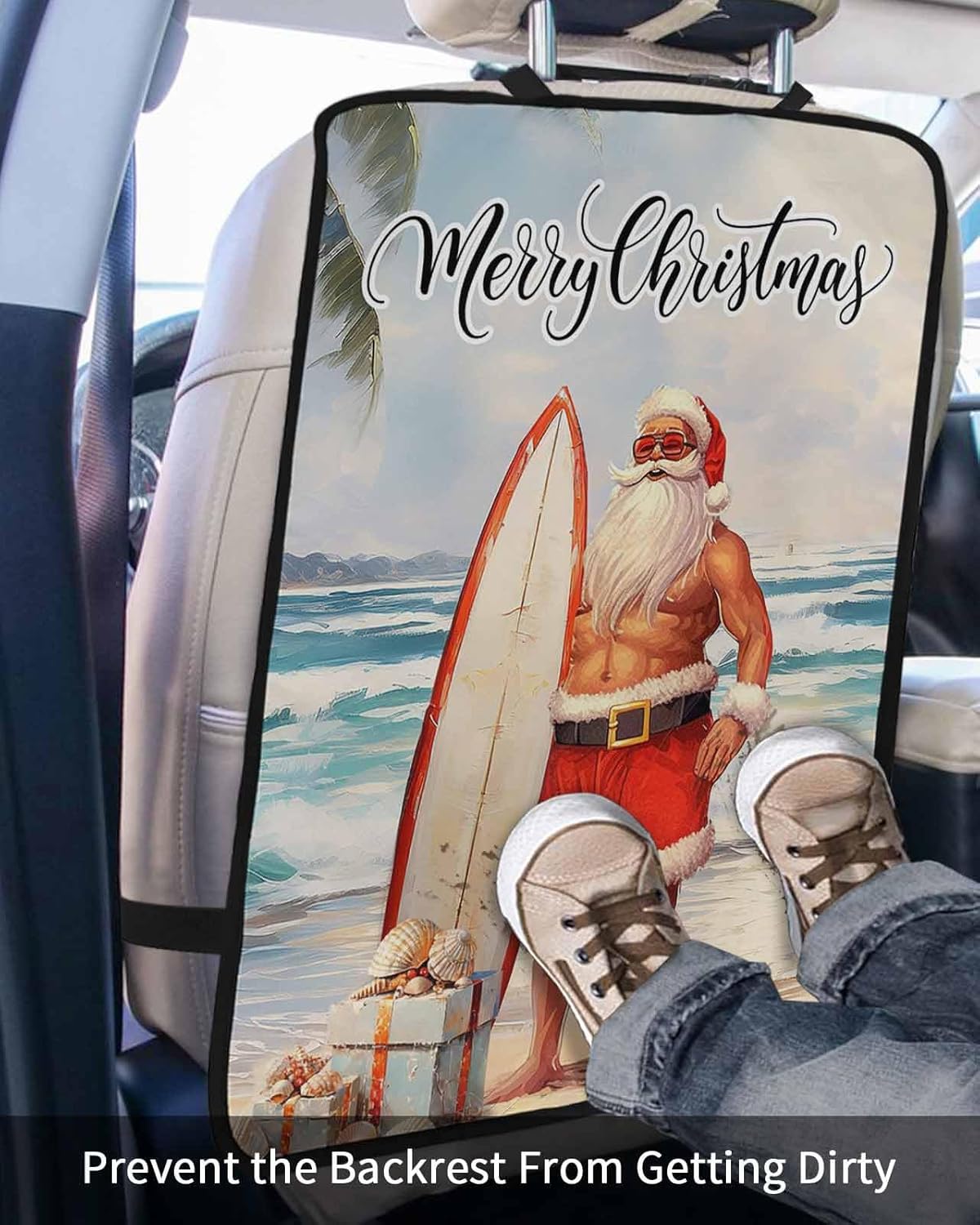 T&H XHome Car Seat Protector, 2 Pack Kick Mats Back Seat Protector Summer Beach Santa Surfing Shell Gift Waterproof Backseat Cover for Kids Universal Fit Automotive Interior Protectors