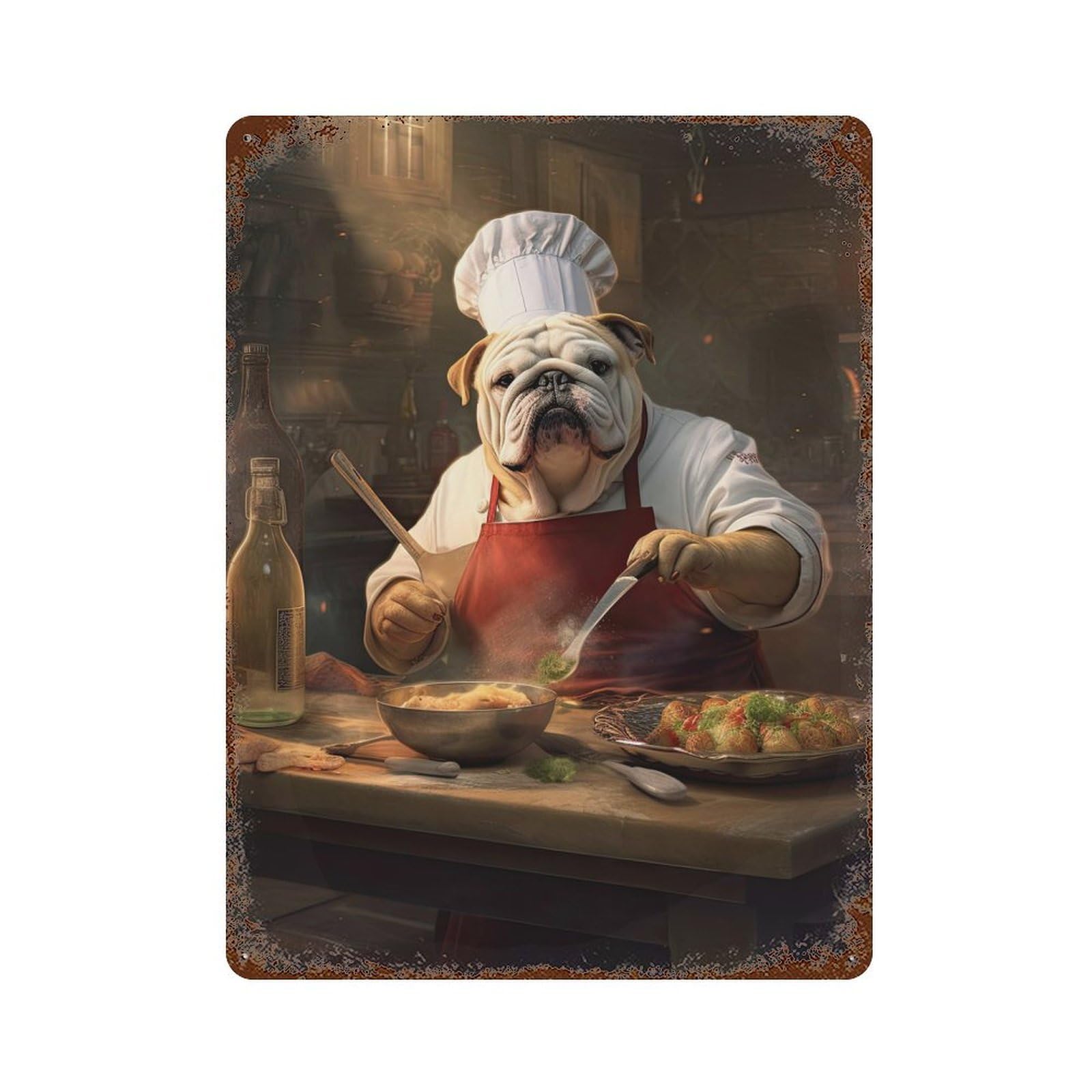 English Bulldog Chef 15.7"x11.8" Vintage Rust Metal Sign, Decorative Metal Wall Art for Farmhouse, Kitchen And Entryway Decor