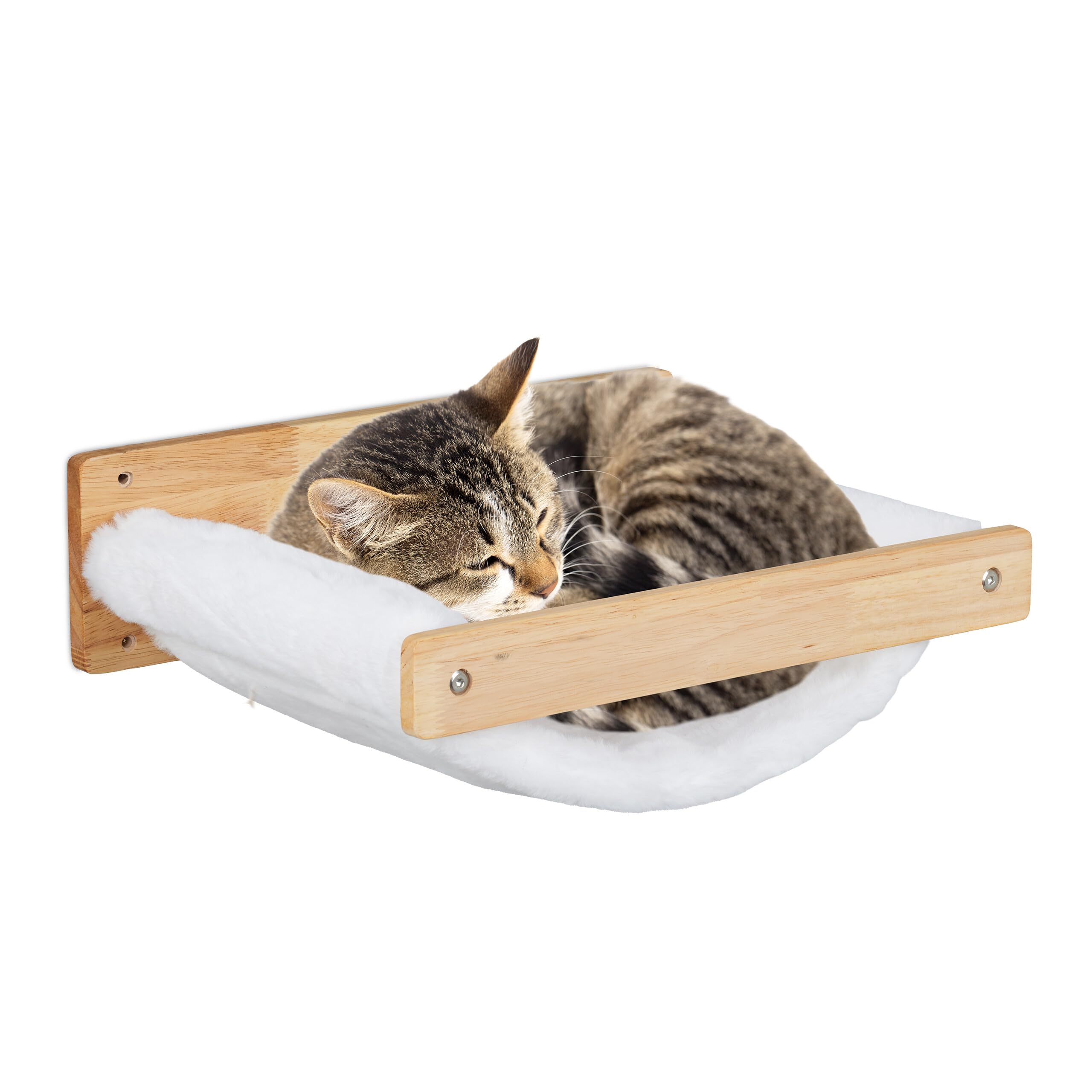 Relaxdays Katzenhängematte – Wandmontage, Teddyplüsch, Weiß/Natur