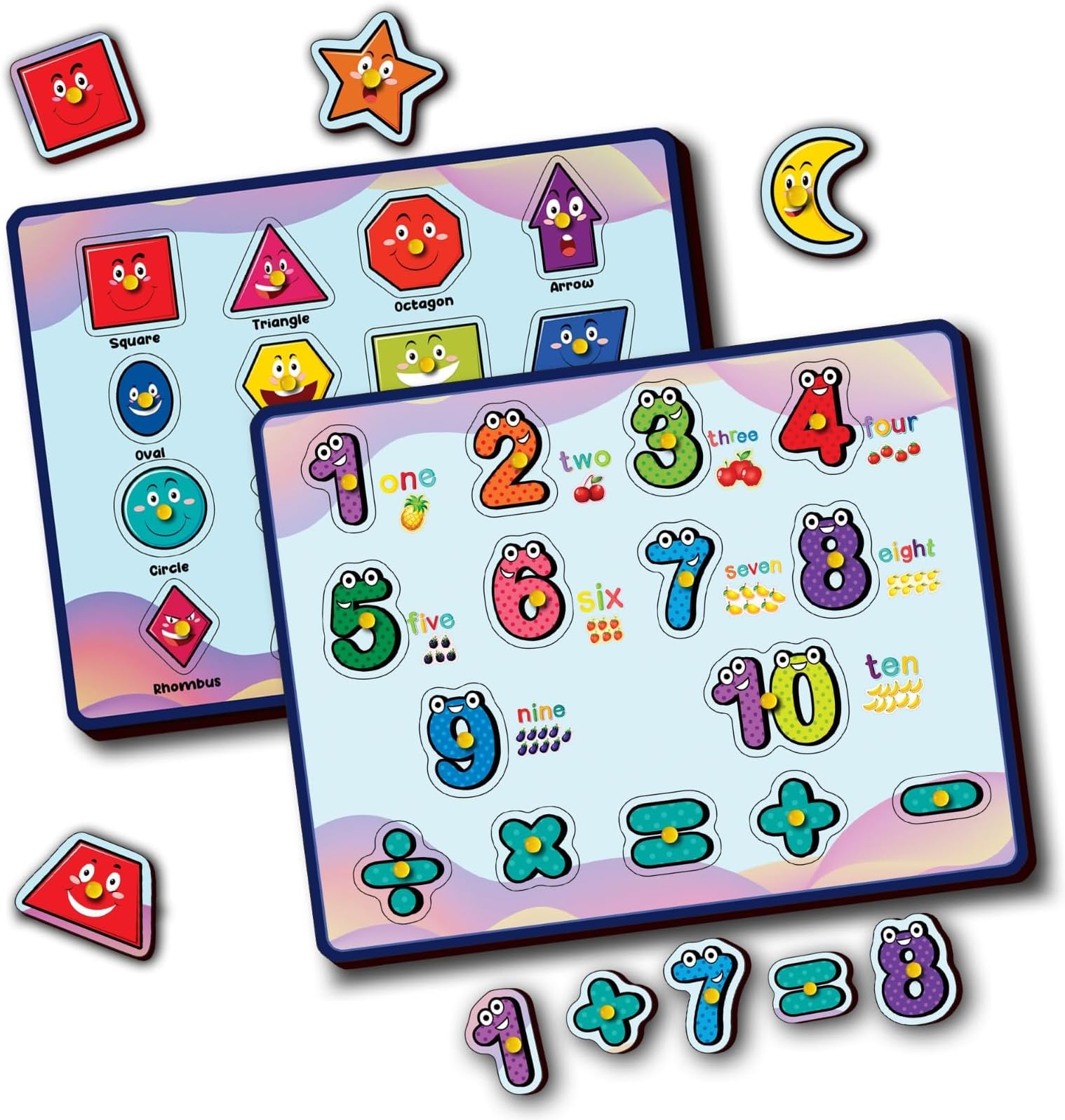 - Numbers & Shapes Puzzle Board Combo for Kids (Set of 2) | Colorful Wooden Counting & Shape Learning Toy | Early Learning Educational Toy for Toddlers (2–6 Years)