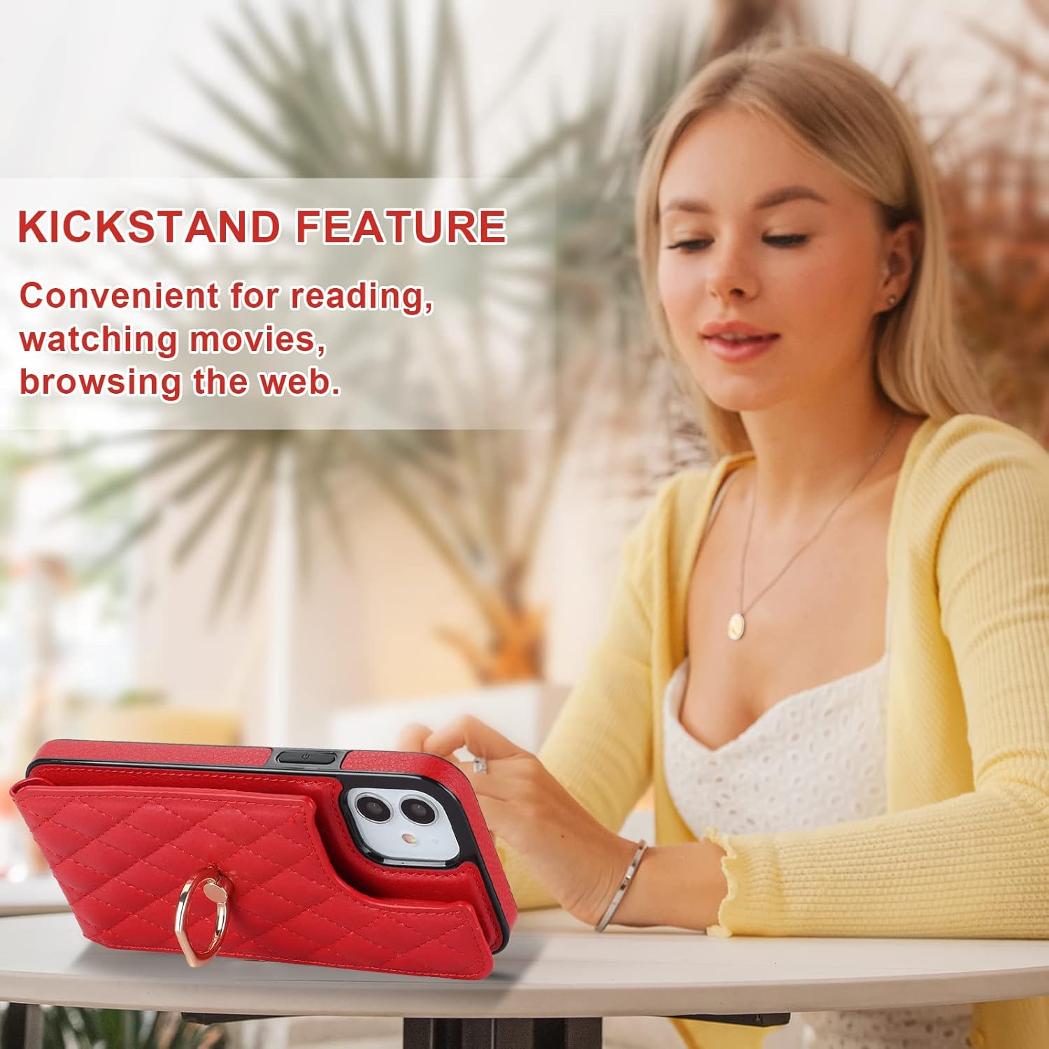 Folosu Compatible with iPhone 12 iPhone 12 Pro Case Wallet with Card Holder, 360°Rotation Finger Ring Holder Kickstand RFID Blocking PU Leather Double Buttons Flip Cover 6.1 Inch Red