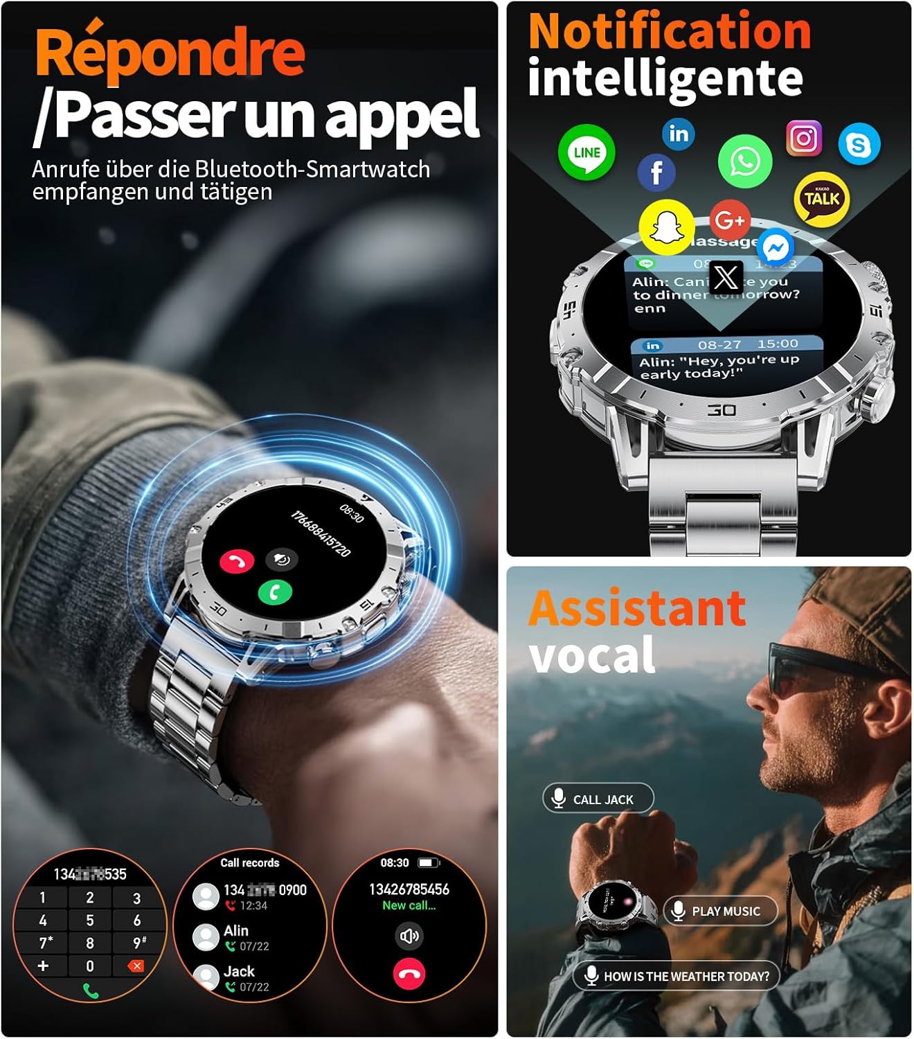 SUNKTA Smartwatch EF18-B displaying sports modes with a person cycling in the background.