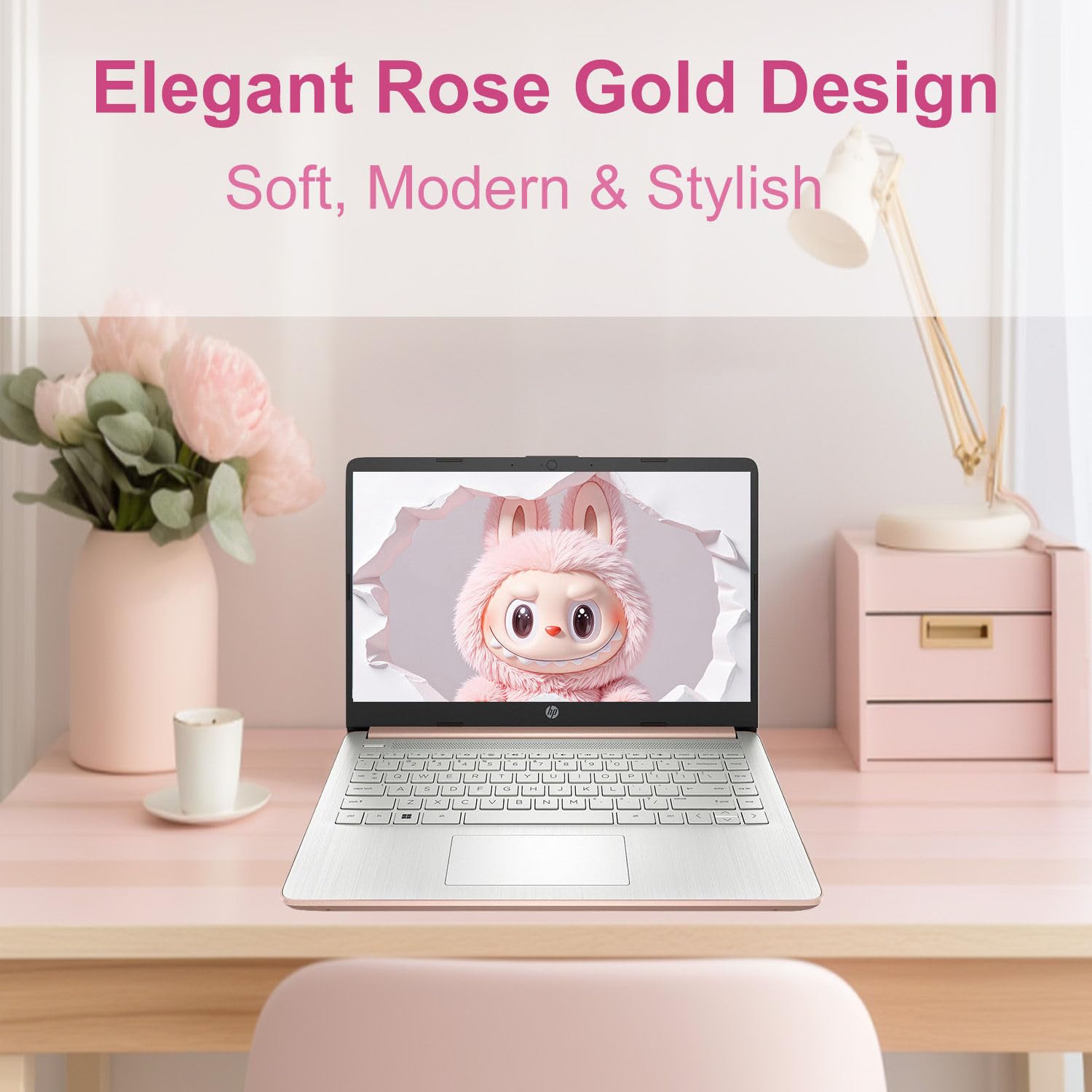 HP 14" Laptop, Intel Dual-Core CPU, 4GB RAM, 64GB SSD + 1TB Cloud Storage, Rose Gold Finish, HD Display, Windows 11, Microsoft 365 — view 3