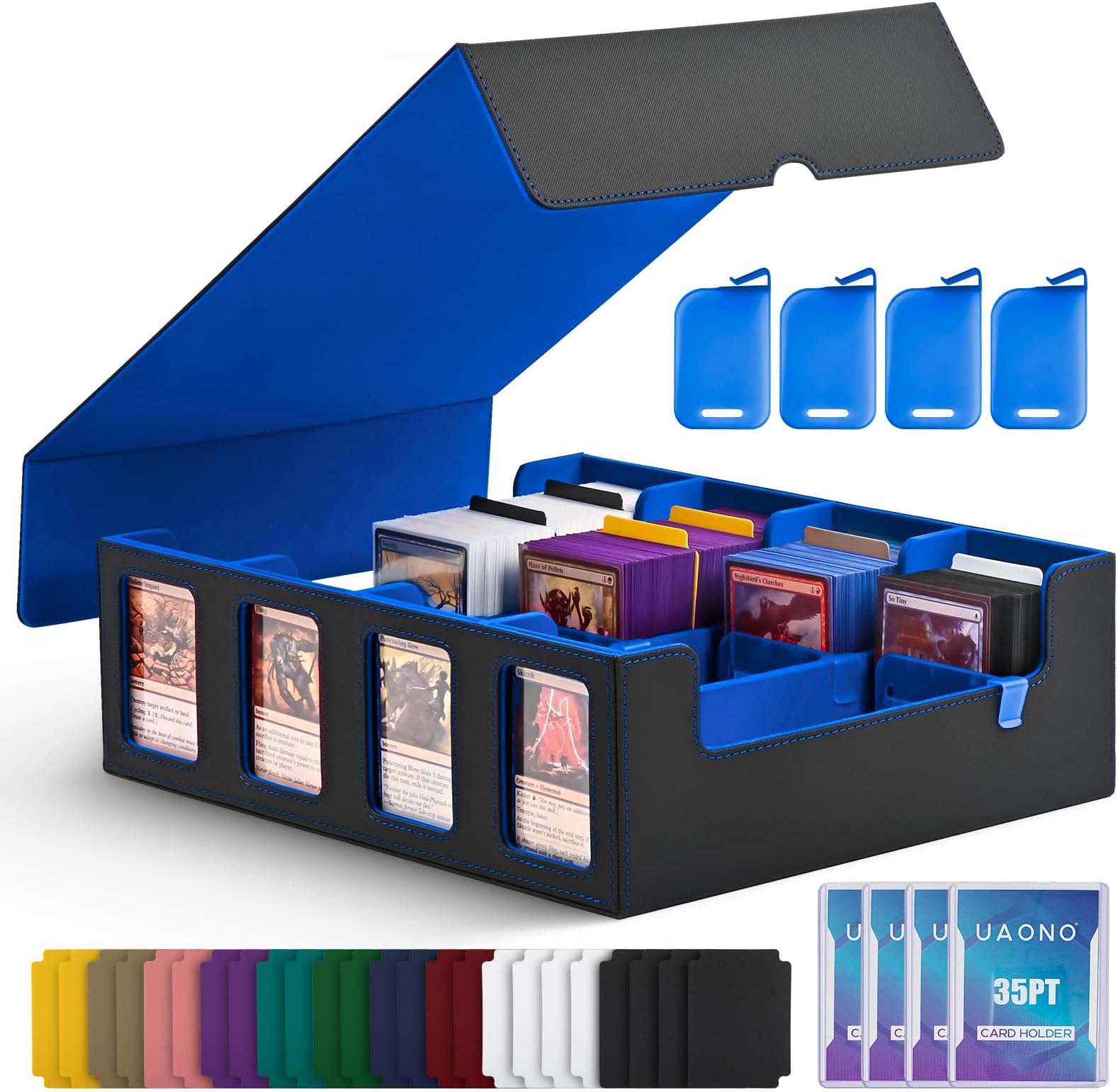 Trading Card Storage Box for Commander Display, 2400+ MTG Deck Box with 4 Top Loader, TCG Card Case fits Magic PTCG Sports Cards(Black&Blue)