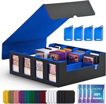 UAONO Trading Card Storage Box for Commander Display, 2400+ MTG Deck Box with 4 Top Loader, TCG Card Case fits Magic PTCG Sports CardsBlack&Blue