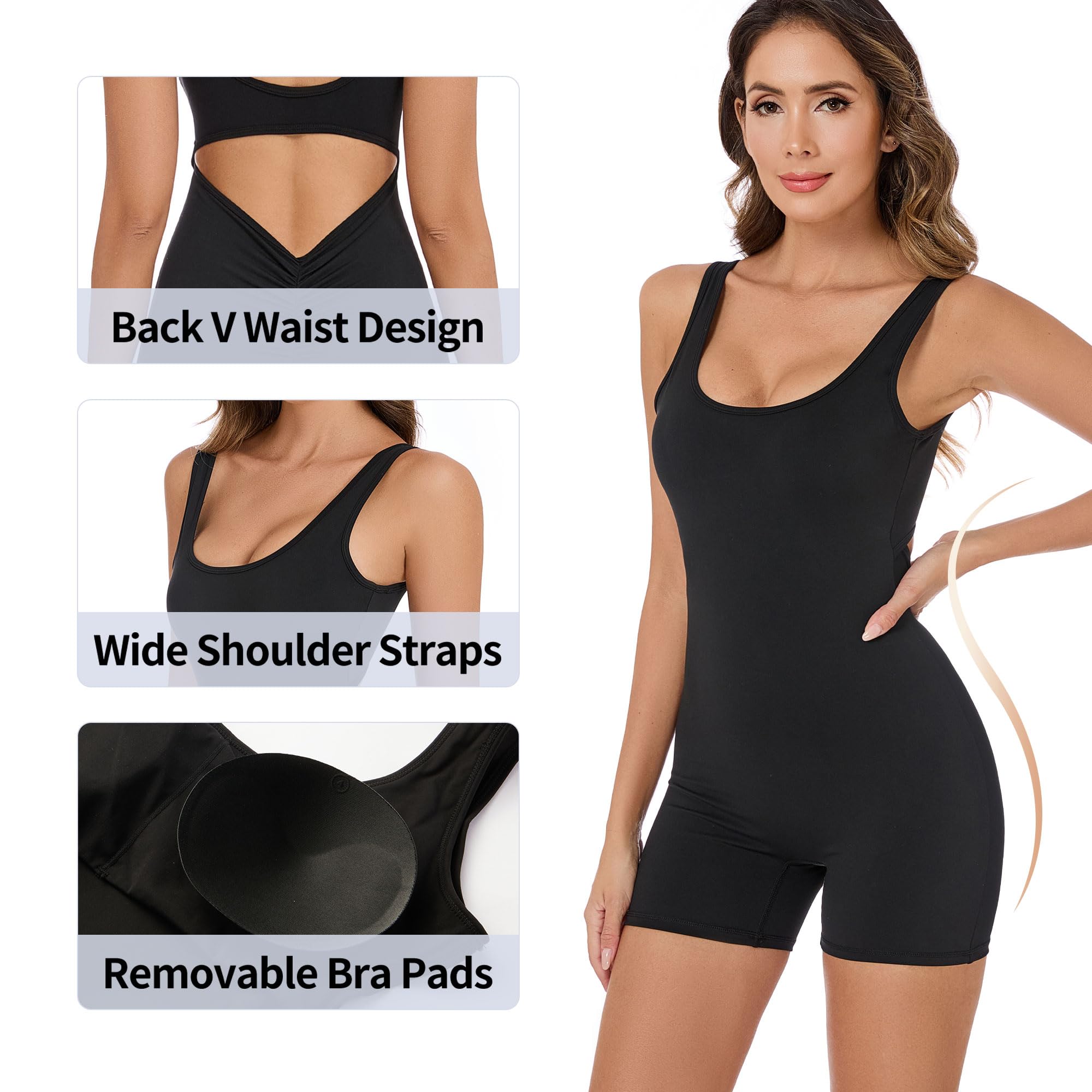 Mono Deportivo Mujer Corto sin Mangas Fitness Jumpsuit Levantamiento de Glúteos Acolchado sin Espalda