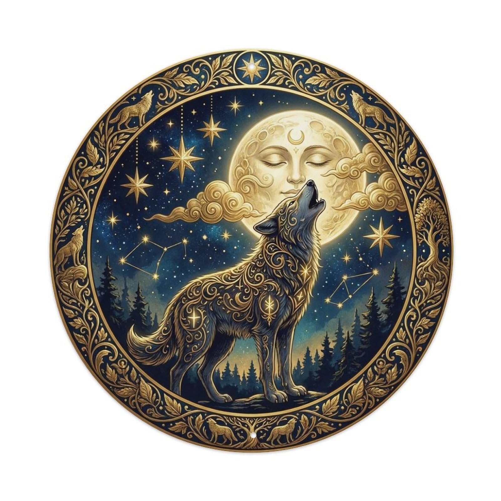 Celestial Howling Wolf Moon Stars Night Sky Metal Tin Sign