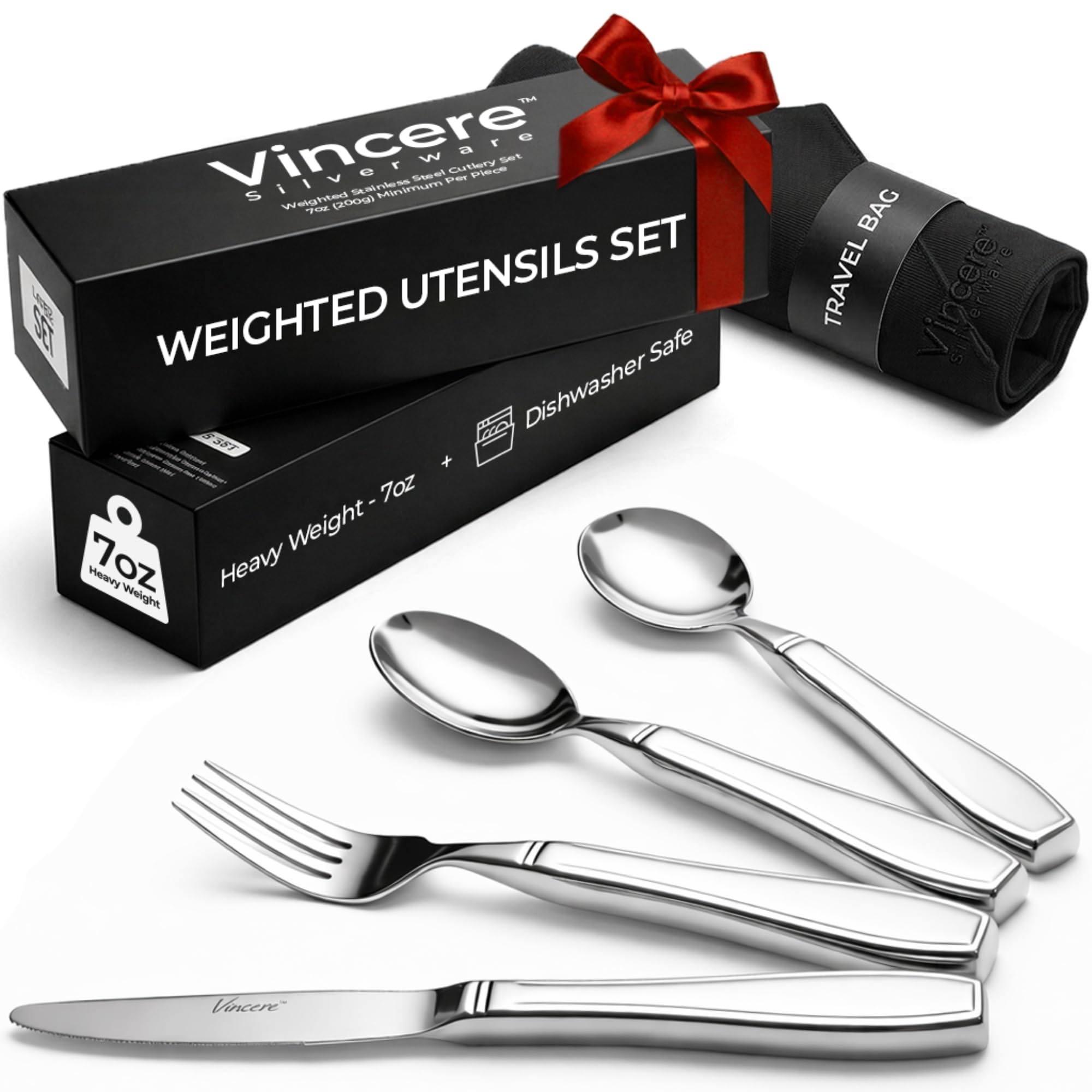 Weighted Utensils for Tremors and Parkinsons, Heavy Weight Stainless Steel Silverware Set, Adaptive Eating Flatware Helps Hand Tremors, Parkinsons Aids for Living, Arthritis - Knife, Fork, Spoons, 7oz