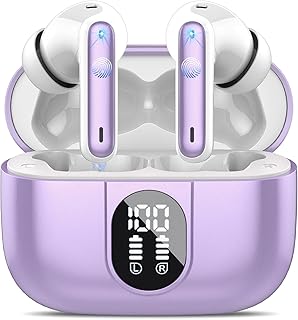 Csasan Wireless Earbuds, Bluetooth 5.3 Headphones HiFi Stereo, 40H Wireless Earphones with ENC Noise Cancelling Mic, IPX7 Waterproof, LED Display, Touch Control Bluetooth Earbuds for Sport Work Purple